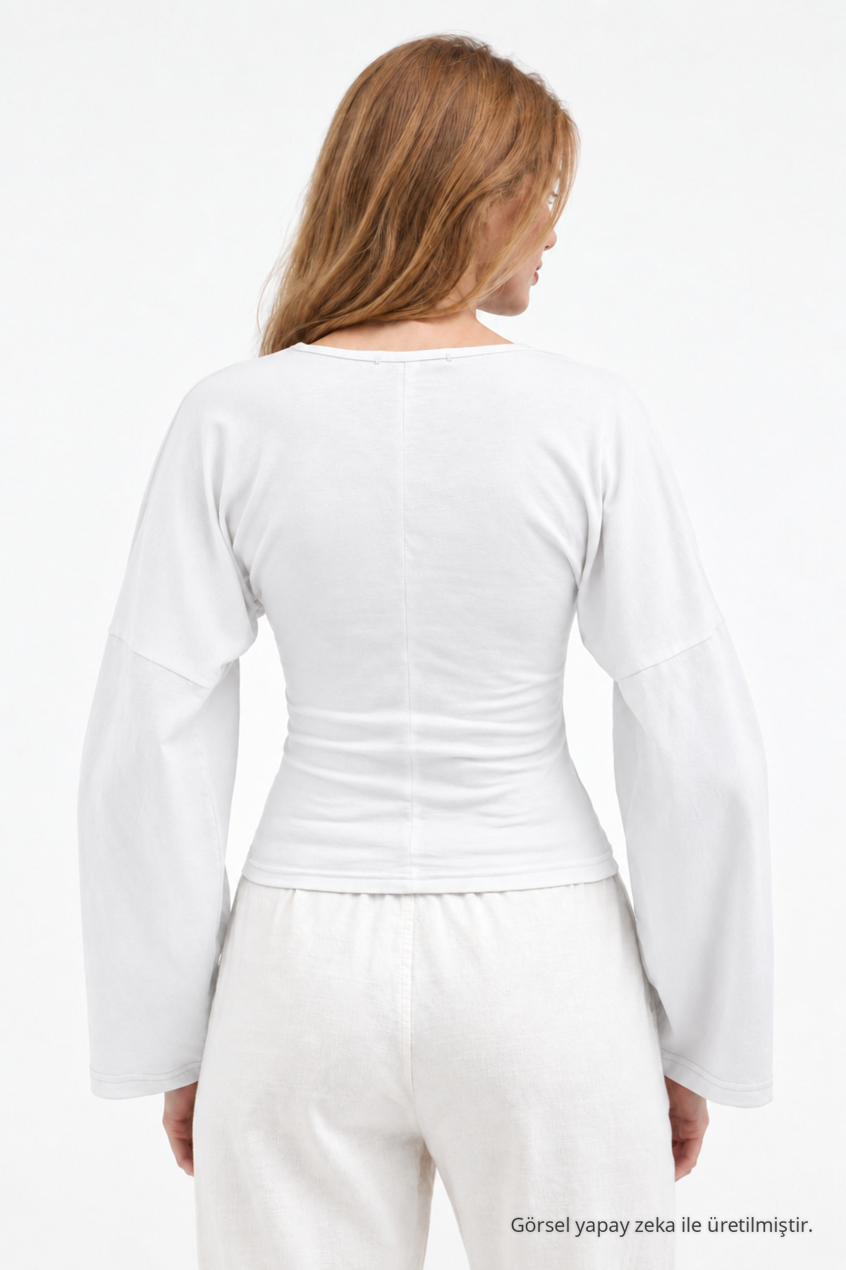 Kadın Reglan Kol Dokulu Crop Beyaz Bluz 3