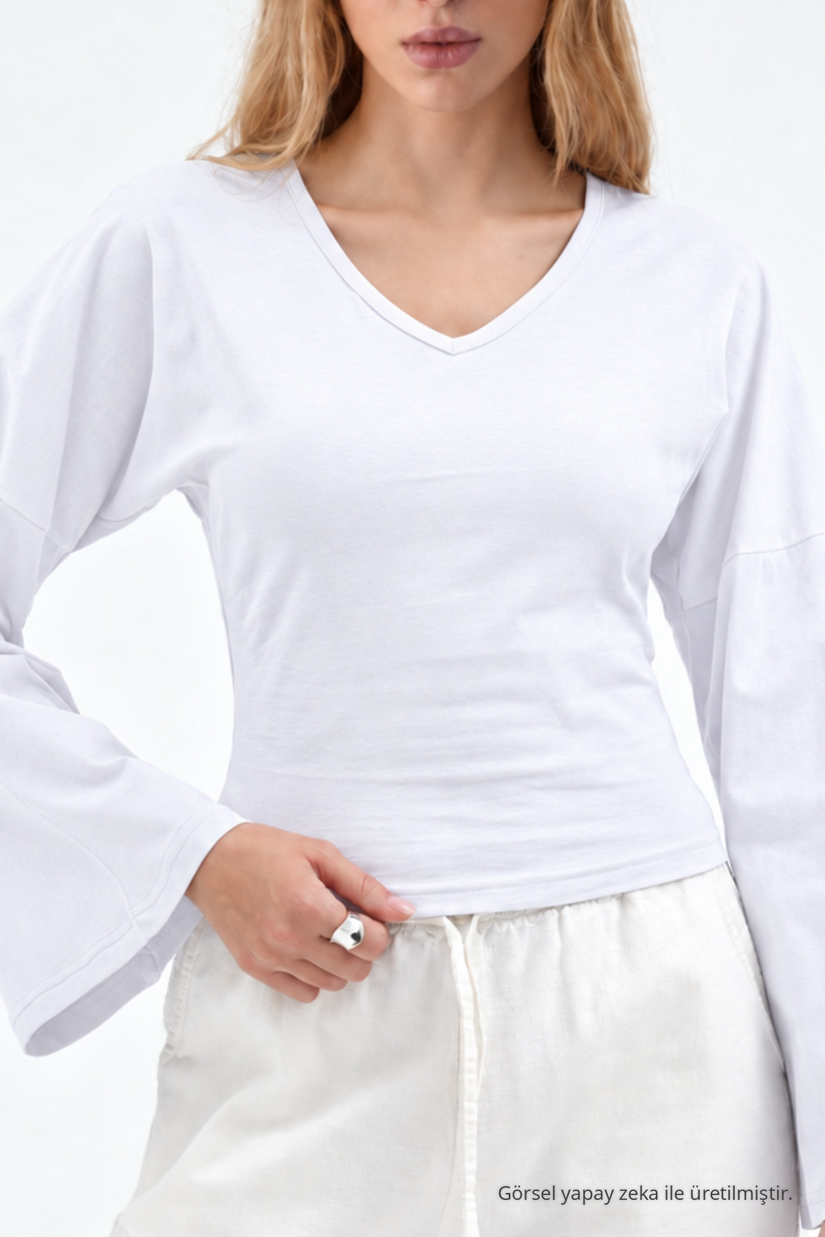 Kadın Reglan Kol Dokulu Crop Beyaz Bluz 5