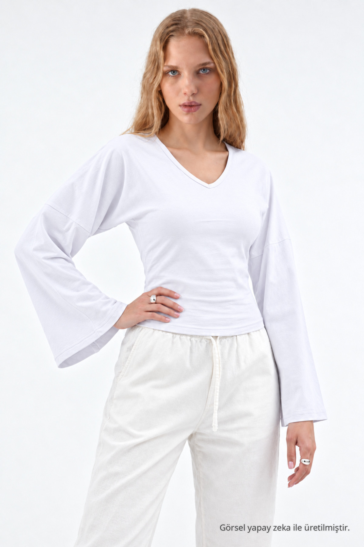 Kadın Reglan Kol Dokulu Crop Beyaz Bluz 4