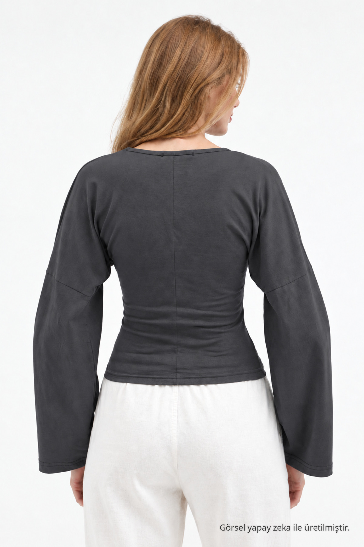 Kadın Reglan Kol Dokulu Crop Füme Bluz 3