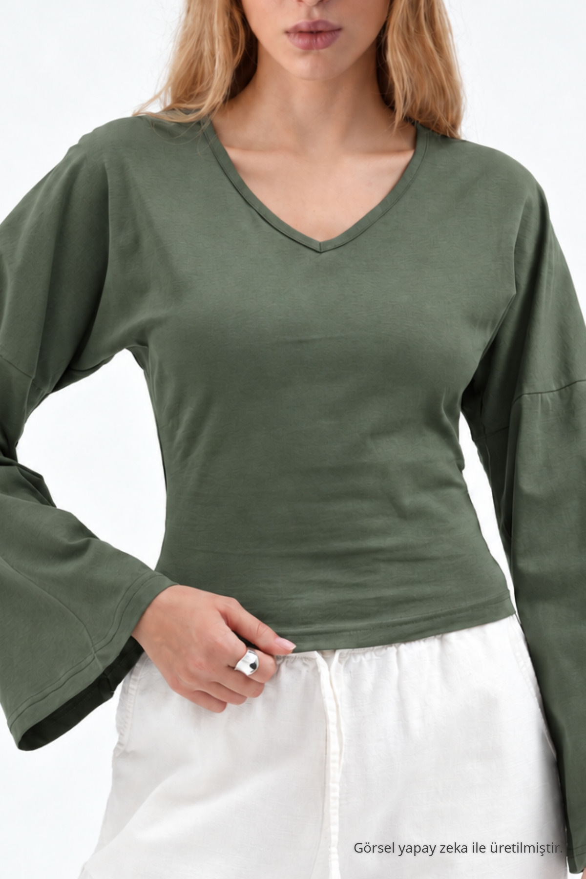 Kadın Reglan Kol Dokulu Crop Haki Bluz 5