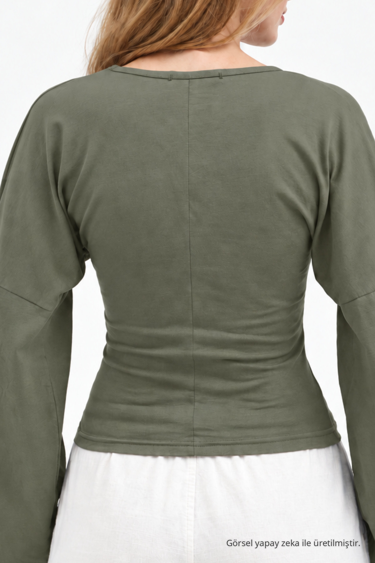 Kadın Reglan Kol Dokulu Crop Haki Bluz 6