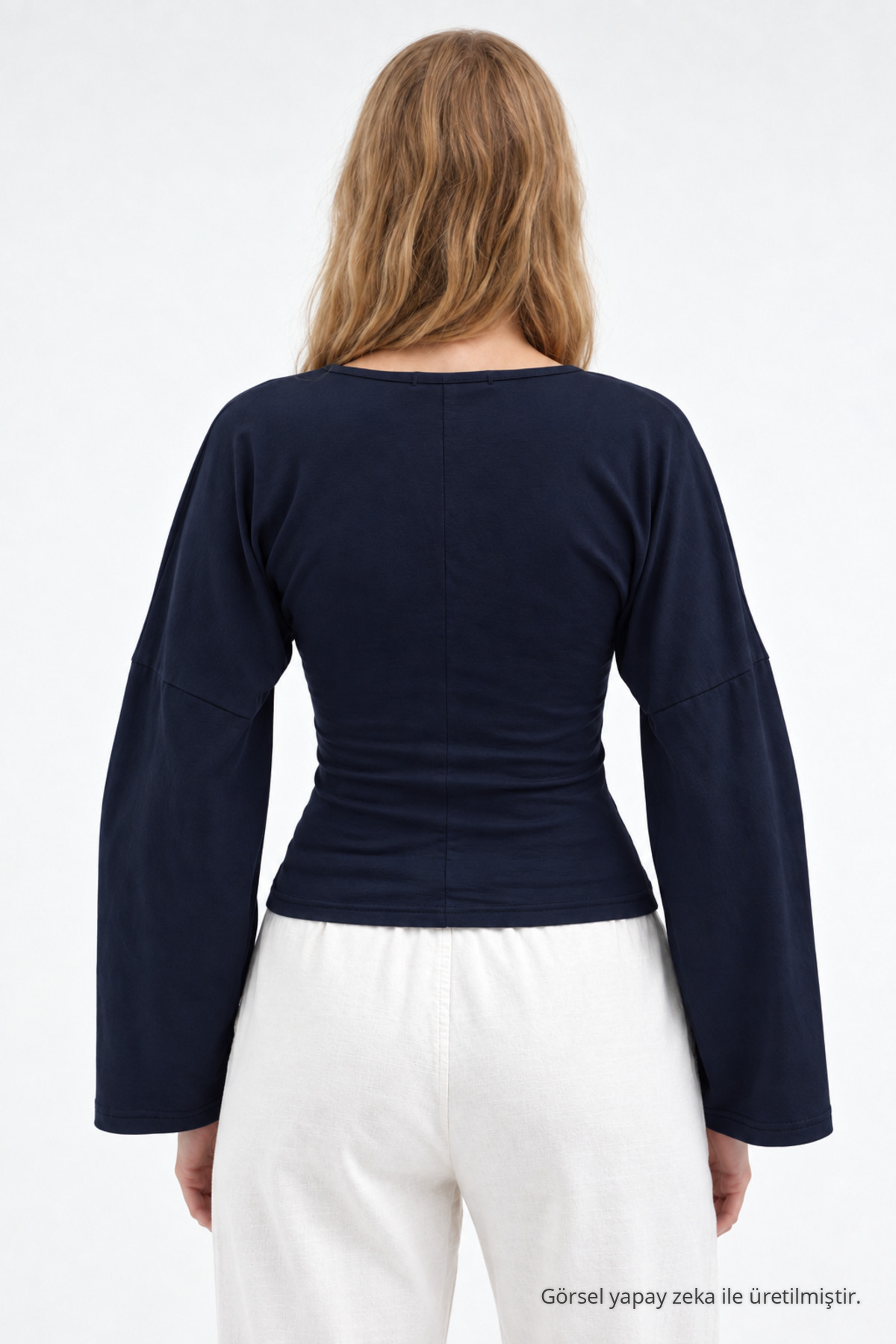 Kadın Reglan Kol Dokulu Crop Lacivert Bluz 3
