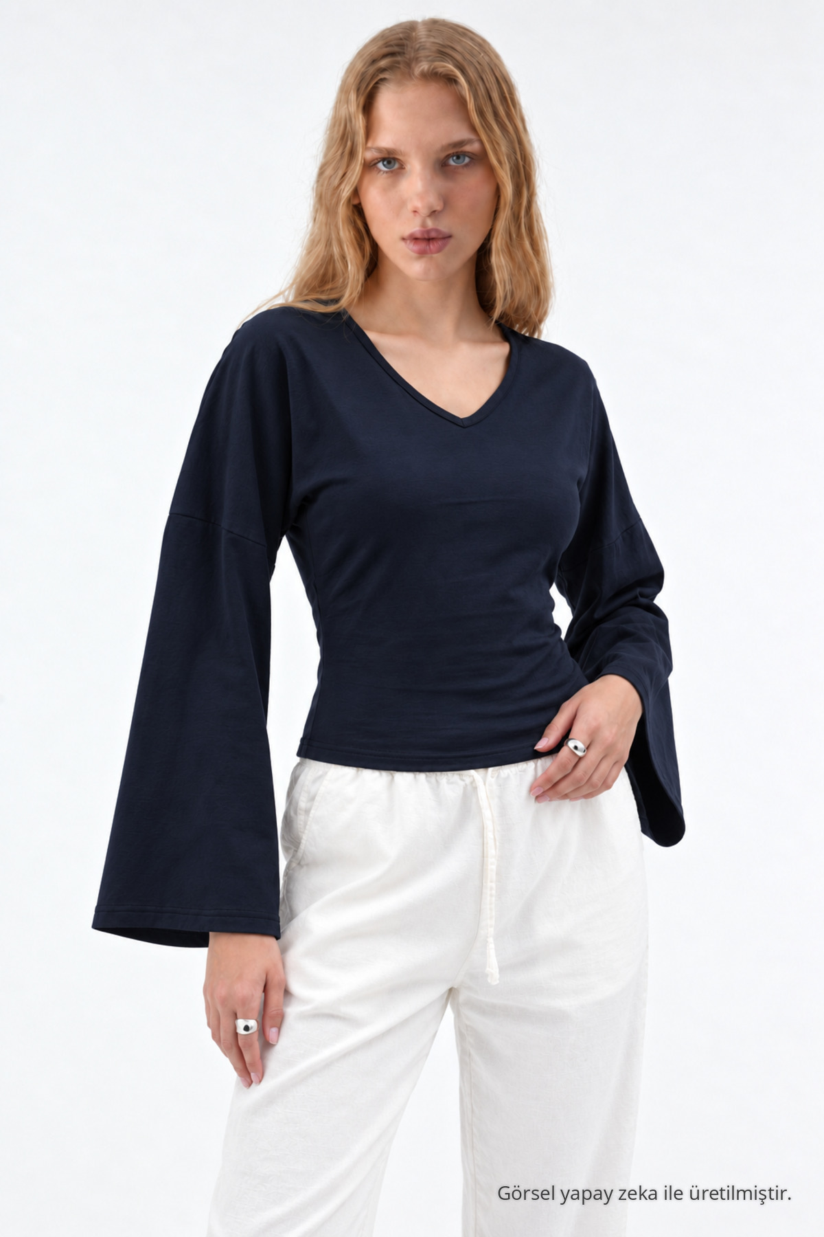 Kadın Reglan Kol Dokulu Crop Lacivert Bluz 4