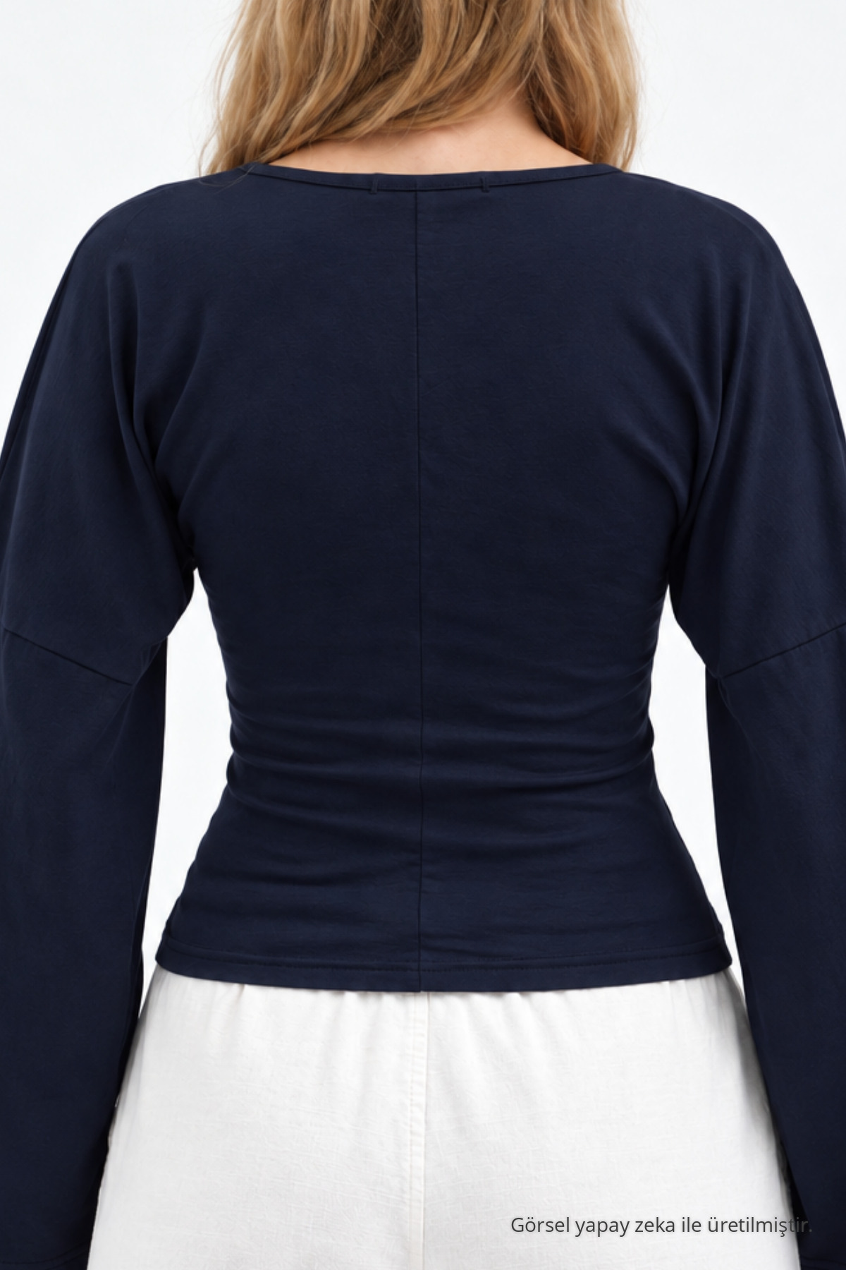 Kadın Reglan Kol Dokulu Crop Lacivert Bluz 6