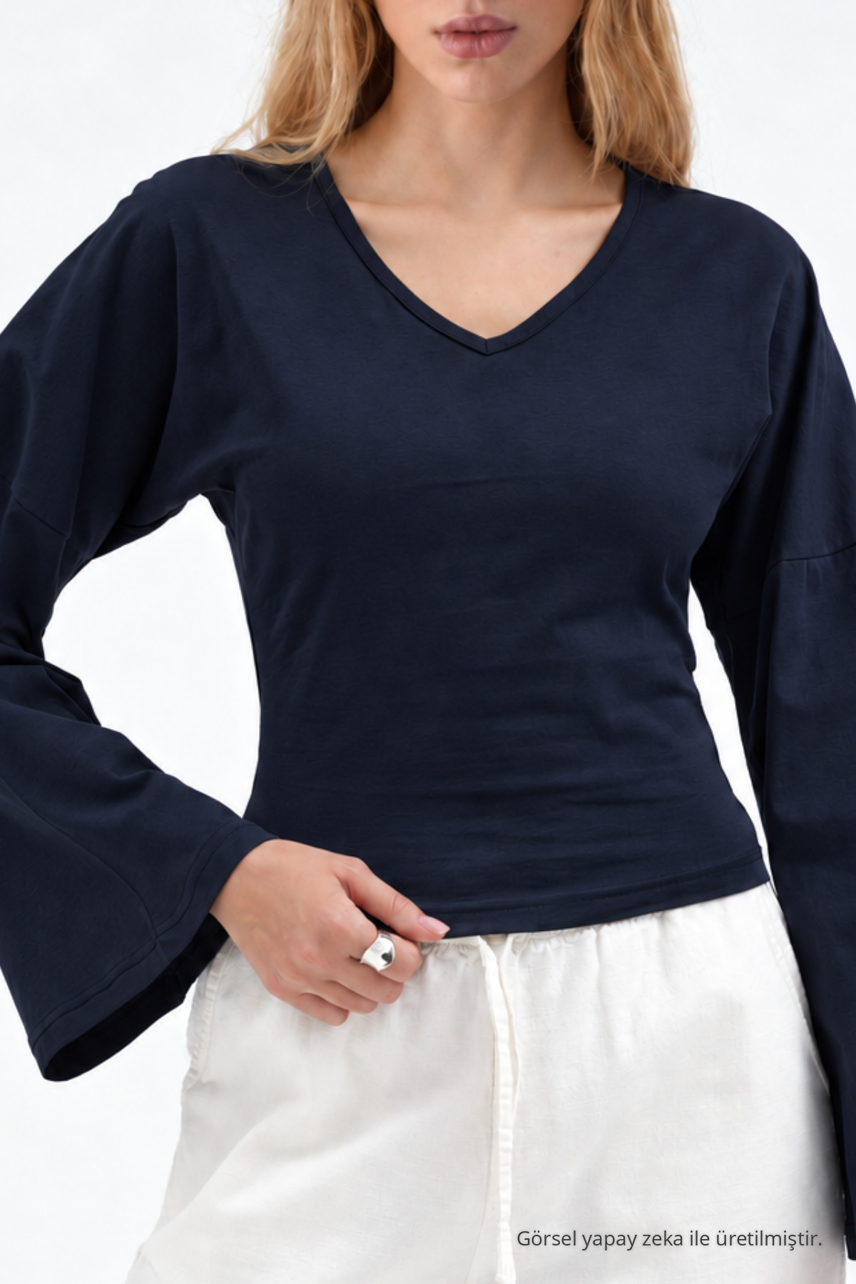 Kadın Reglan Kol Dokulu Crop Lacivert Bluz 5
