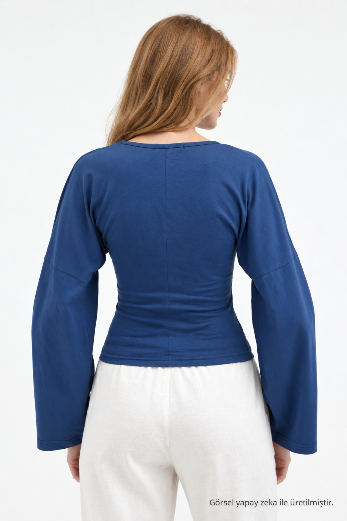 Kadın Reglan Kol Dokulu Crop Mavi Bluz 3