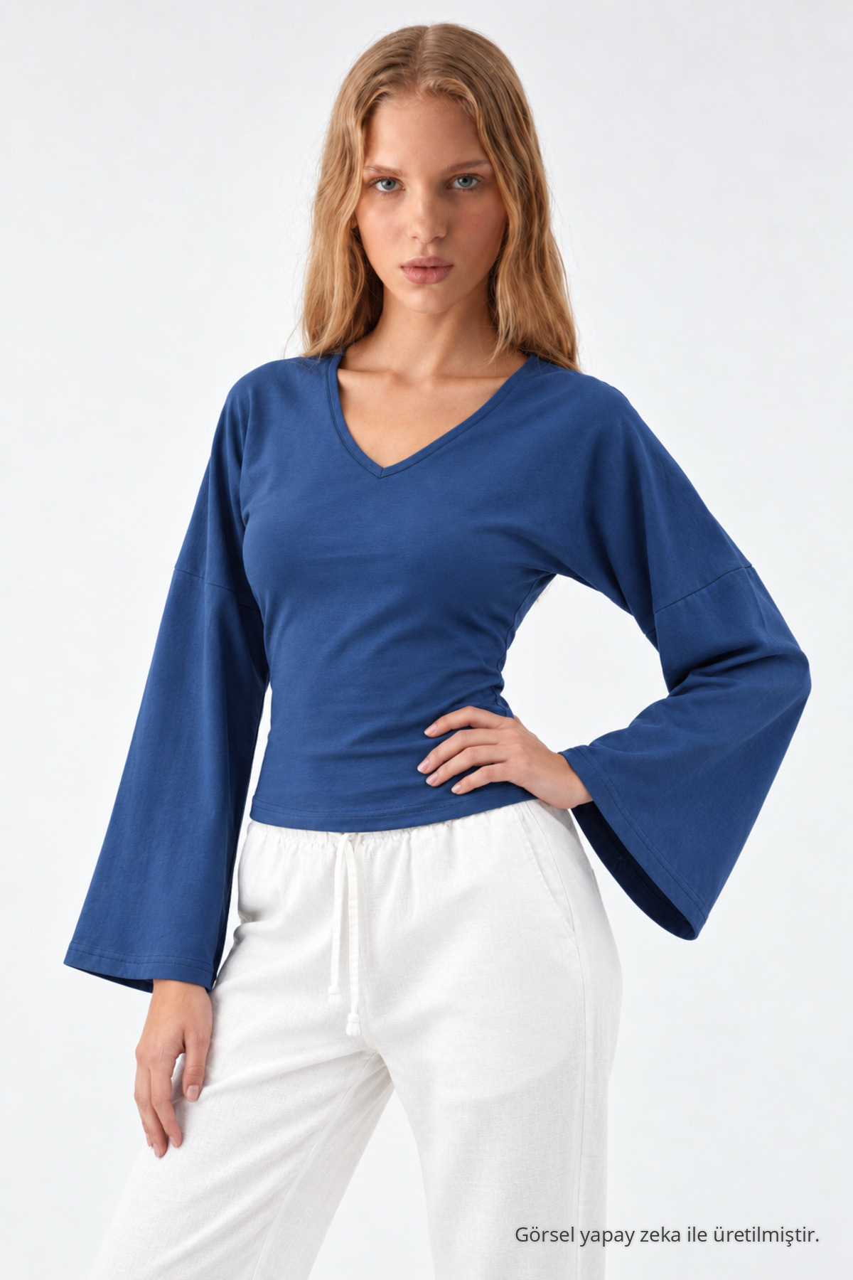 Kadın Reglan Kol Dokulu Crop Mavi Bluz 4
