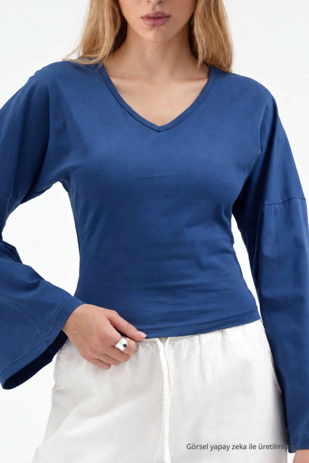 Kadın Reglan Kol Dokulu Crop Mavi Bluz 5