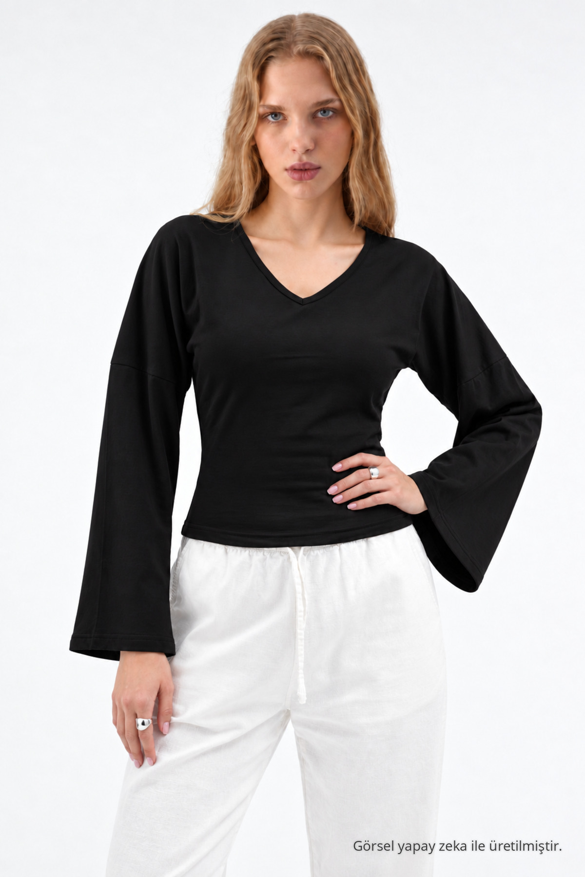 Kadın Reglan Kol Dokulu Crop Siyah Bluz 4