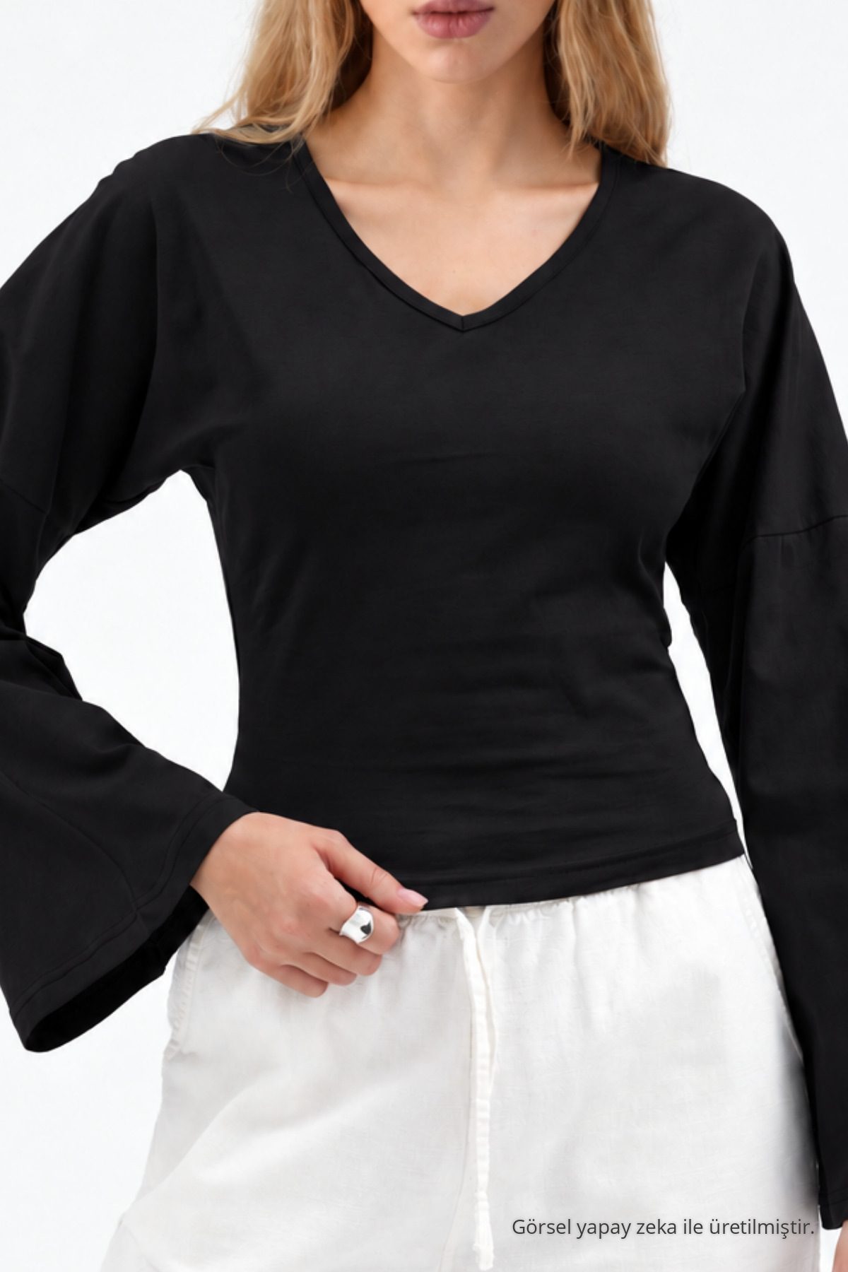Kadın Reglan Kol Dokulu Crop Siyah Bluz 5