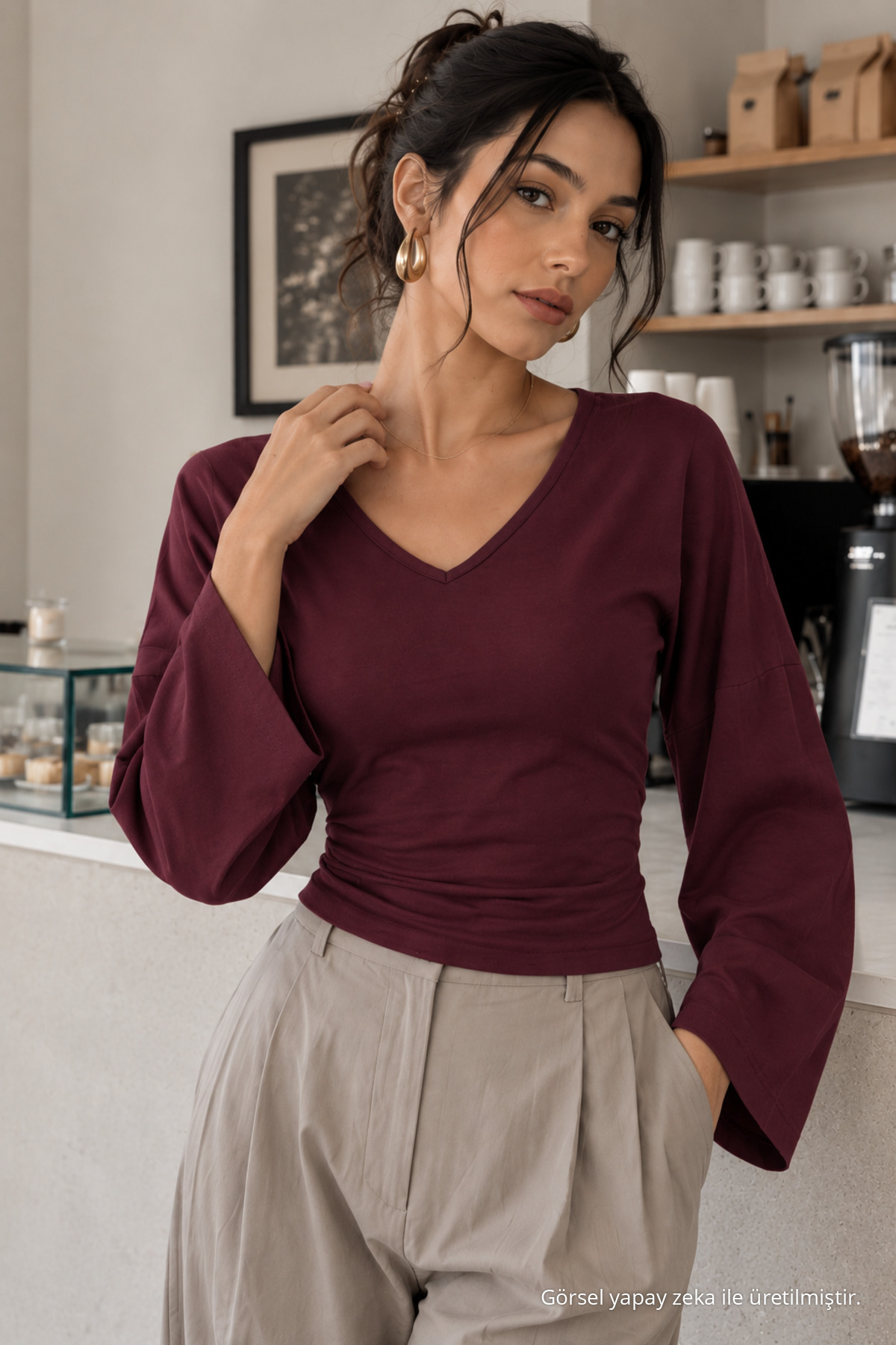 Kadın Casual Belden Oturtma Bordo Bluz 4