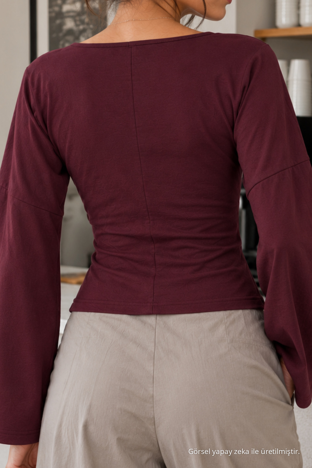 Kadın Casual Belden Oturtma Bordo Bluz 6