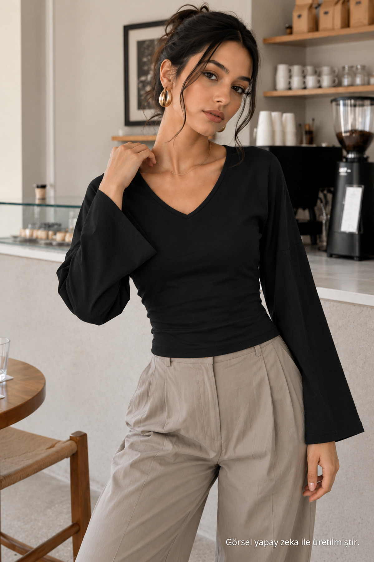 Kadın Casual Belden Oturtma Siyah Bluz 4