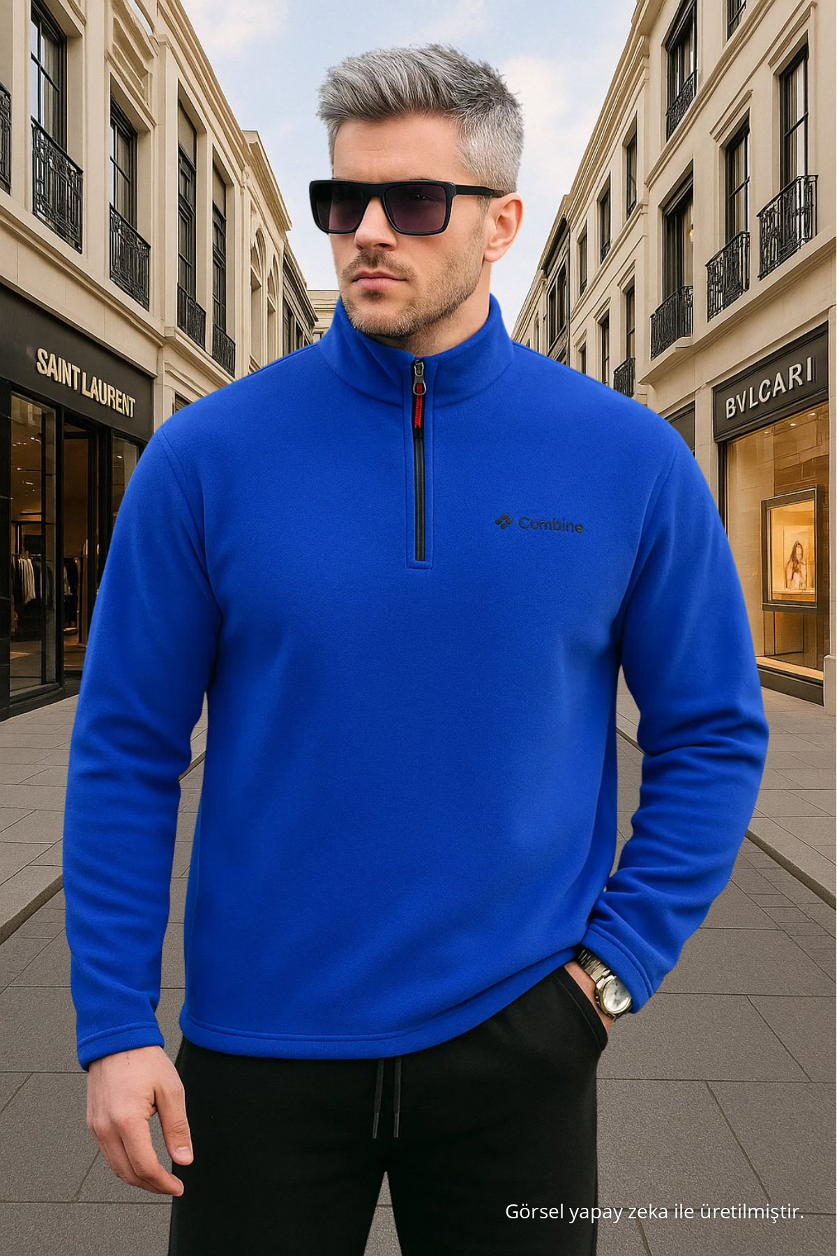 Erkek Yarım Fermuarlı İndigo Dar Polar Sweat 5