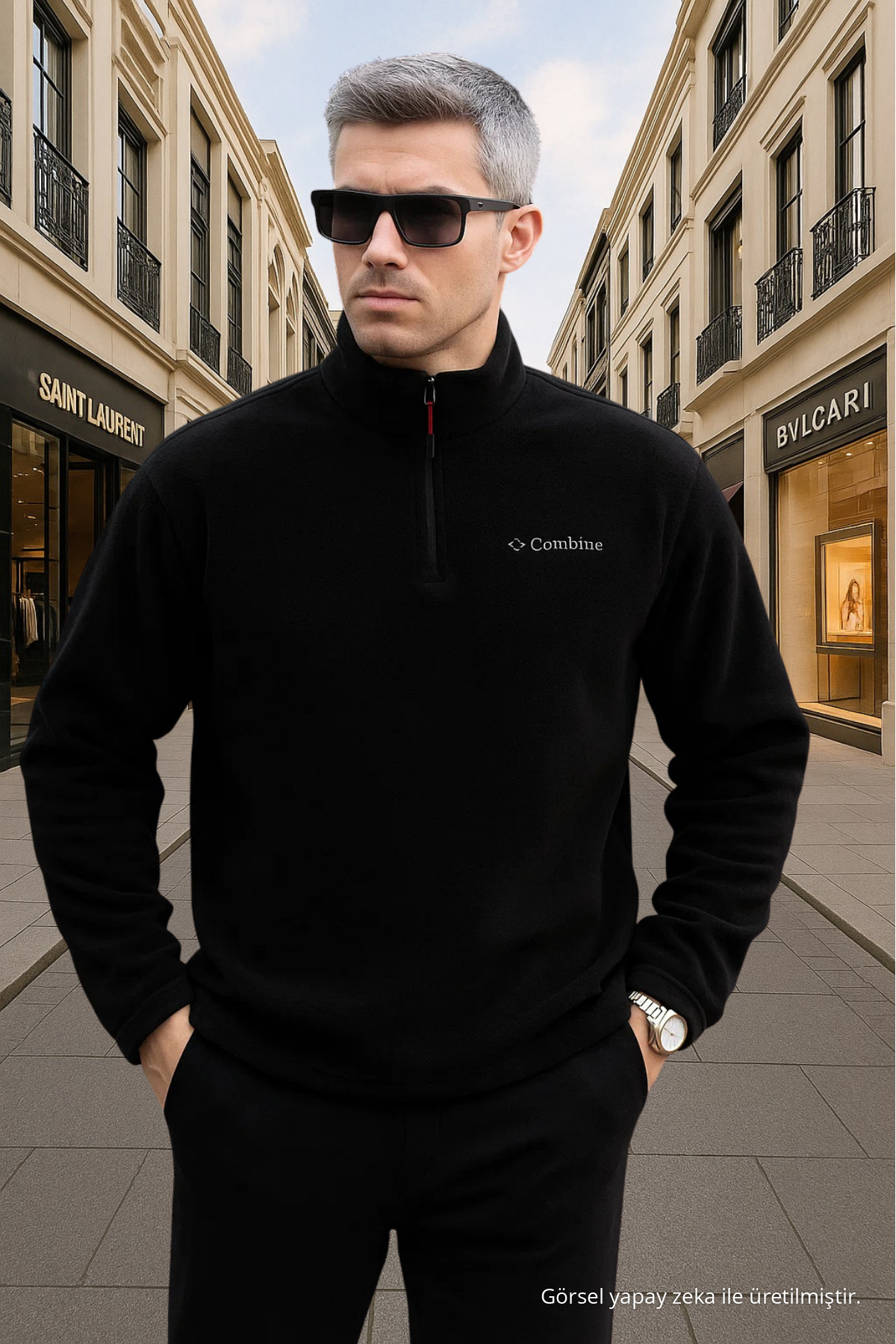 Erkek Yarım Fermuarlı Siyah Dar Polar Sweat 5