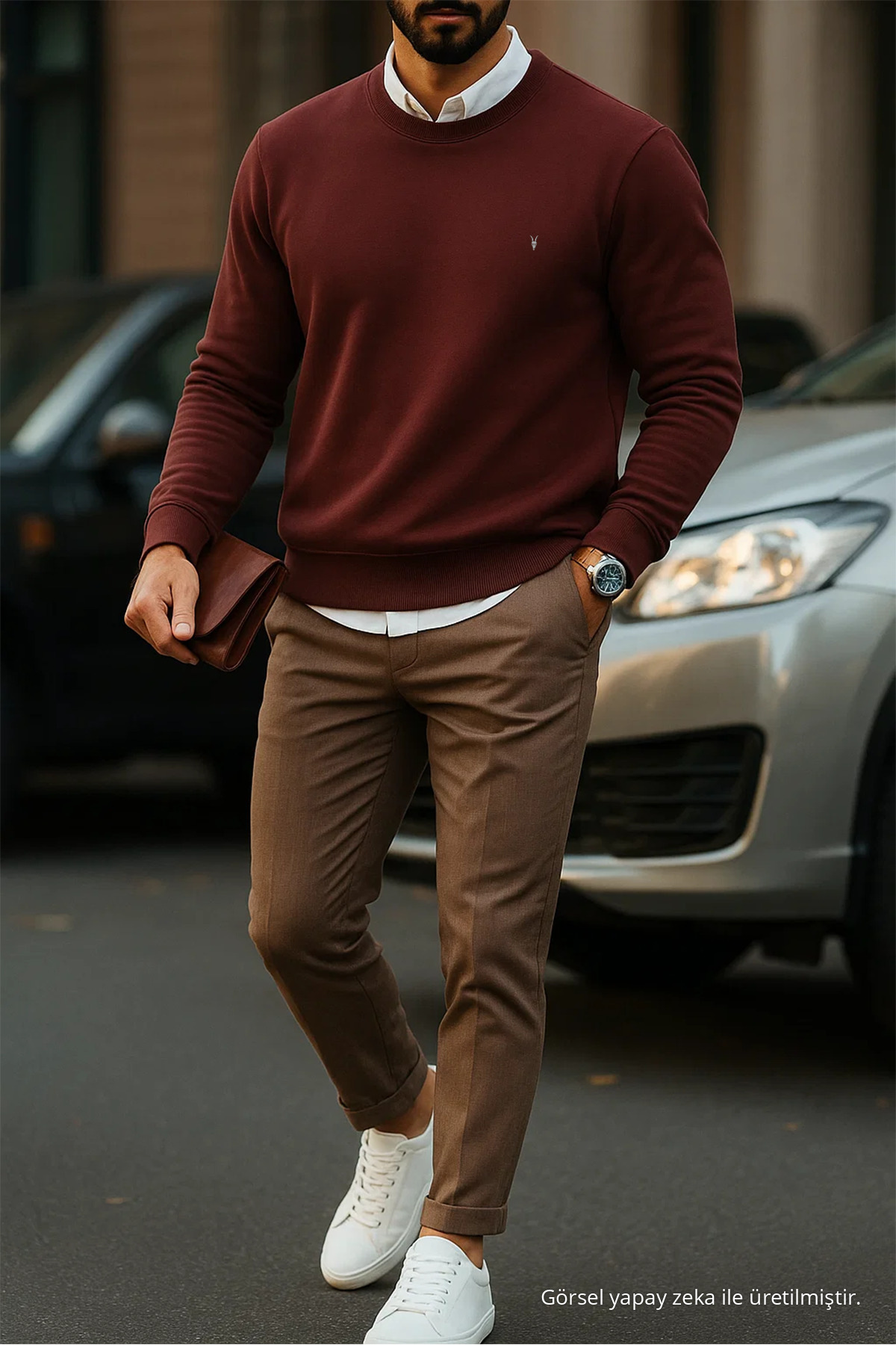 Erkek Basic Bisiklet Yaka Bordo Sweatshirt 3