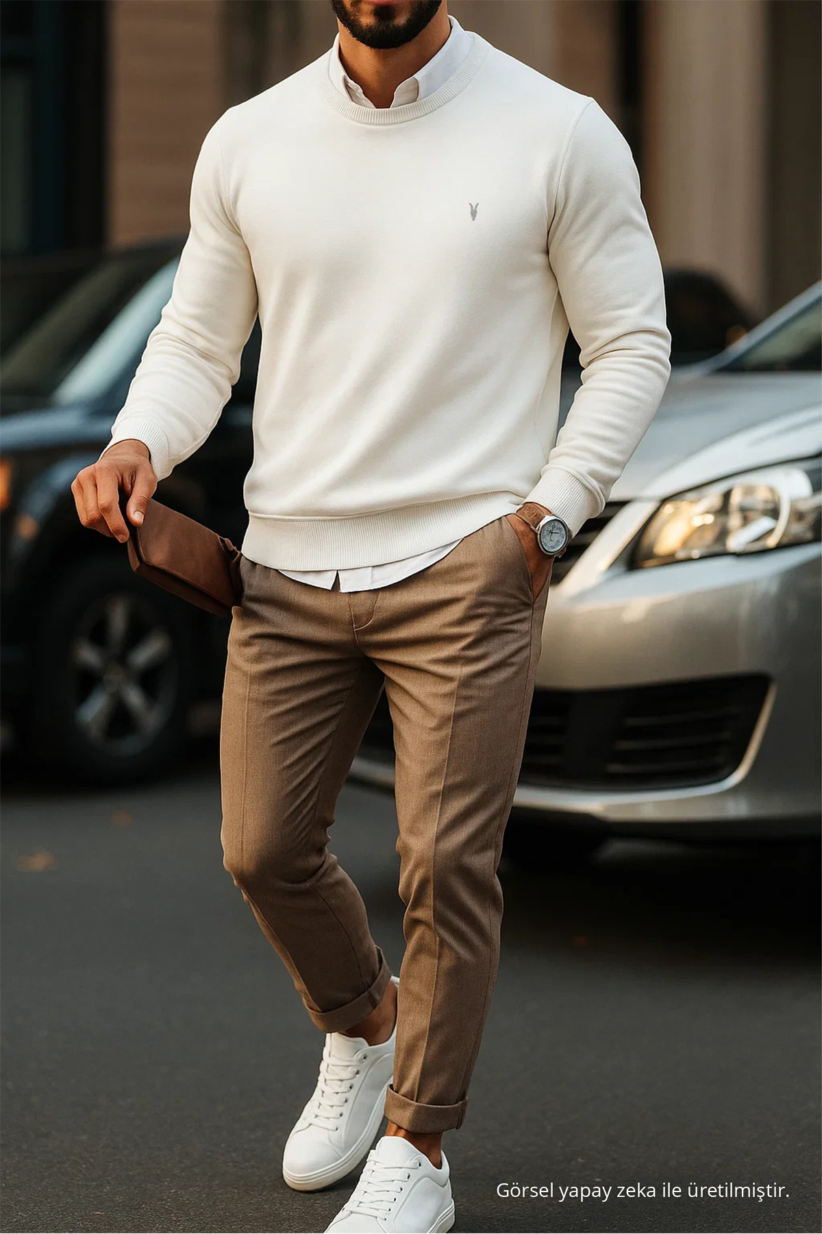 Erkek Basic Bisiklet Yaka EKRU Sweatshirt 3