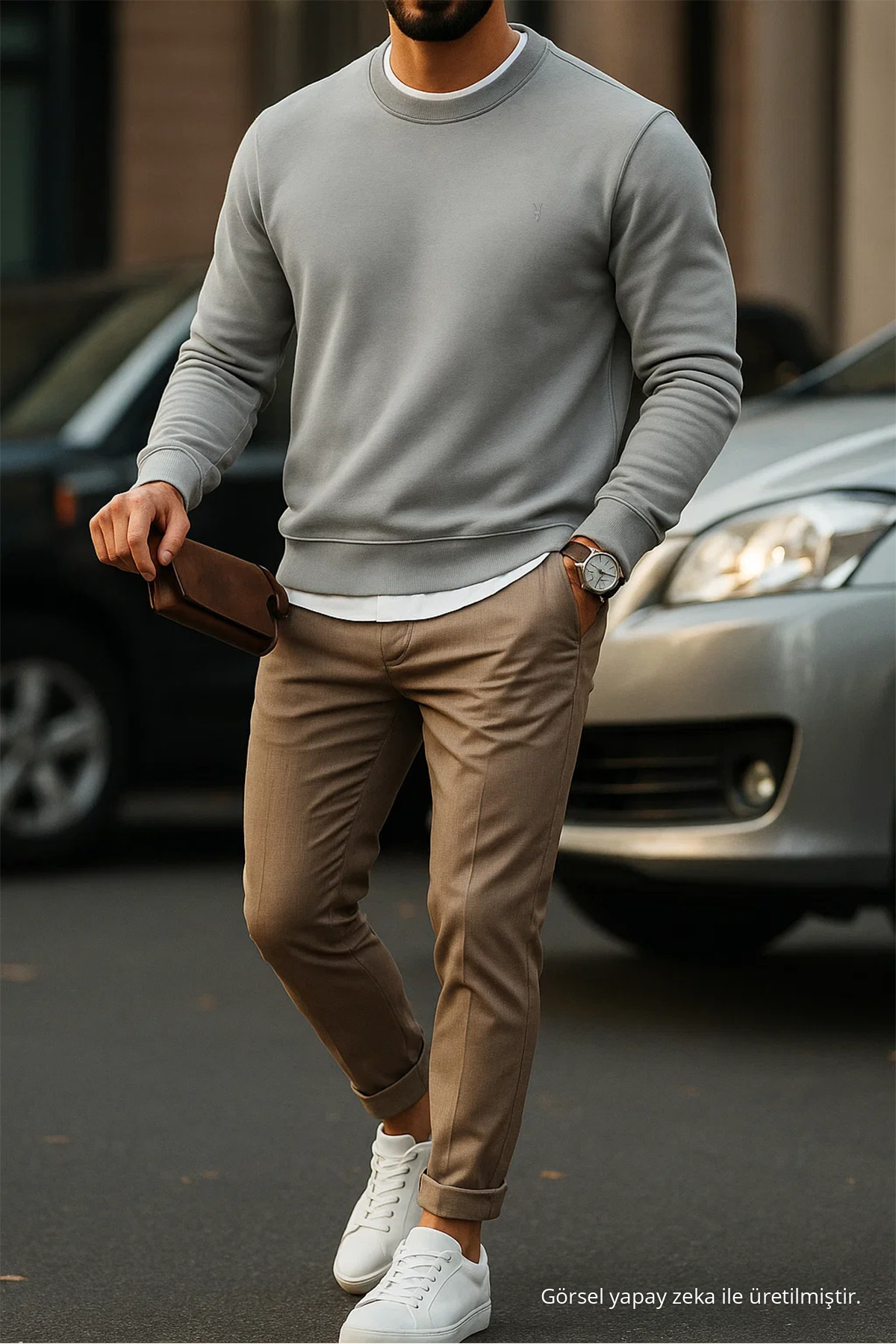 Erkek Basic Bisiklet Yaka GRİ Bol Sweatshirt 3
