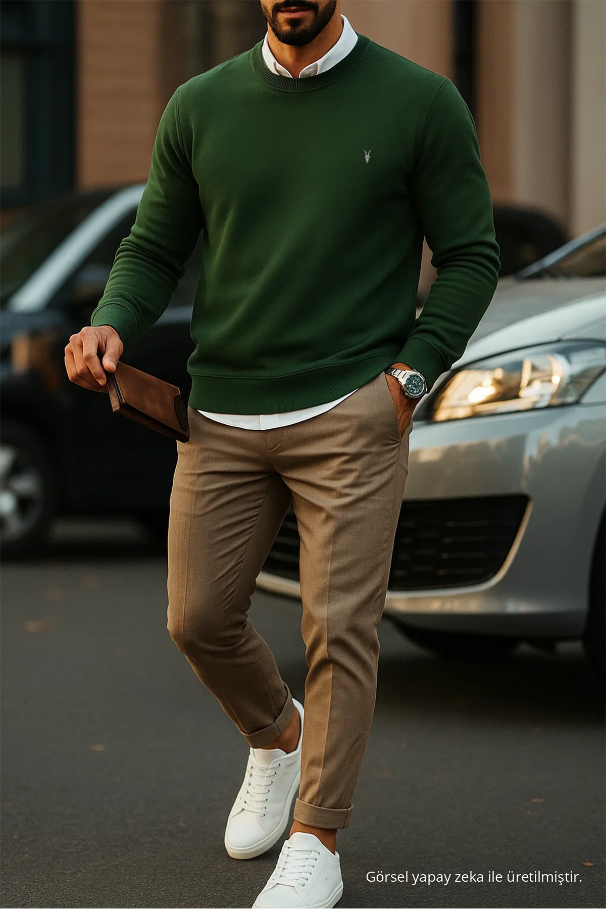 Erkek Basic Bisiklet Yaka HAKİ Sweatshirt 3