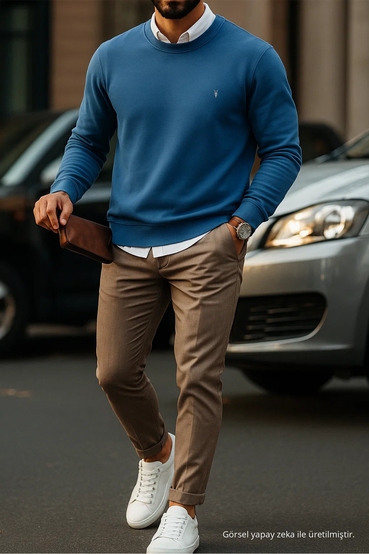 Erkek Basic Bisiklet Yaka İndigo Sweatshirt 3