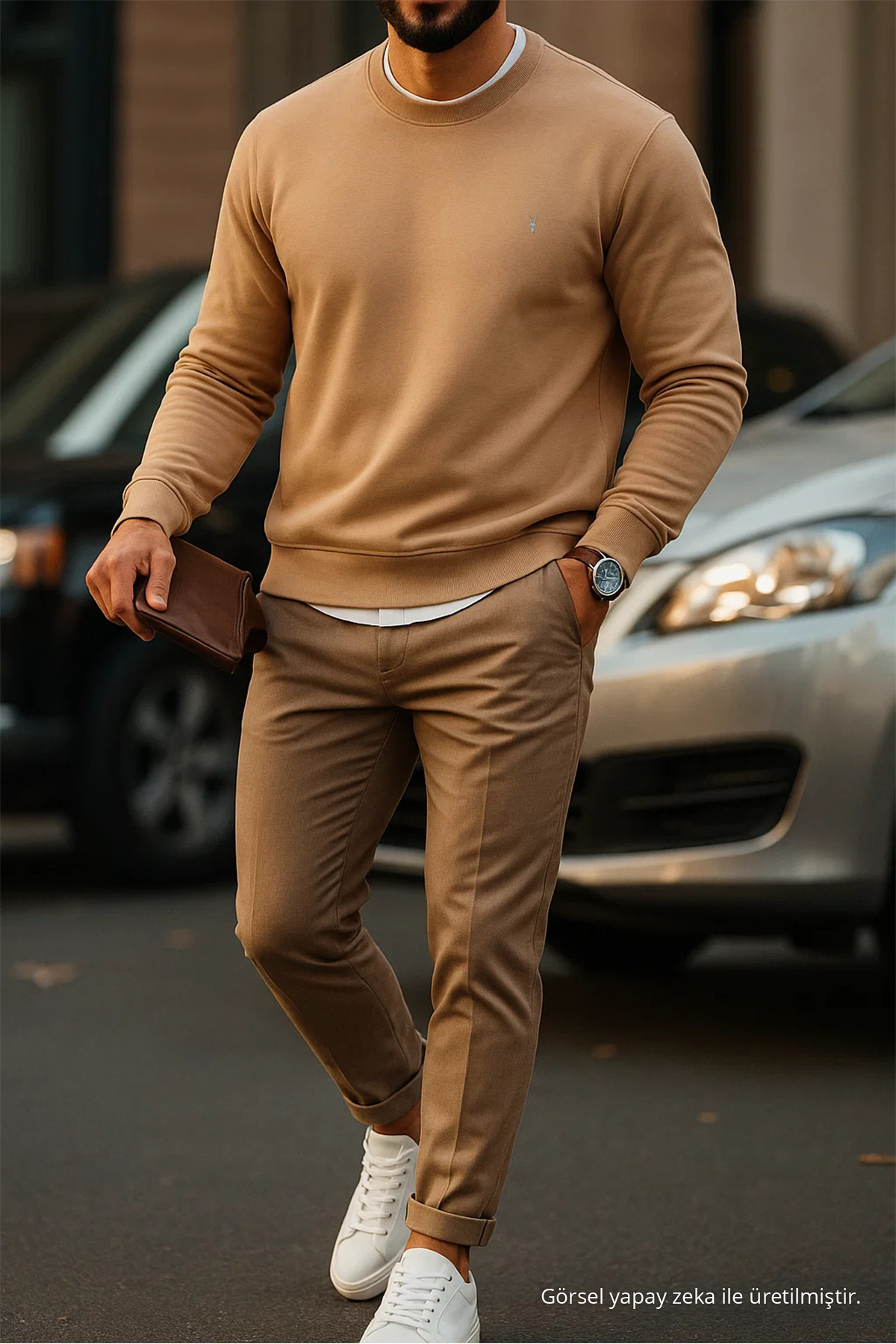 Erkek Basic Bisiklet Yaka Karamel Sweatshirt 3