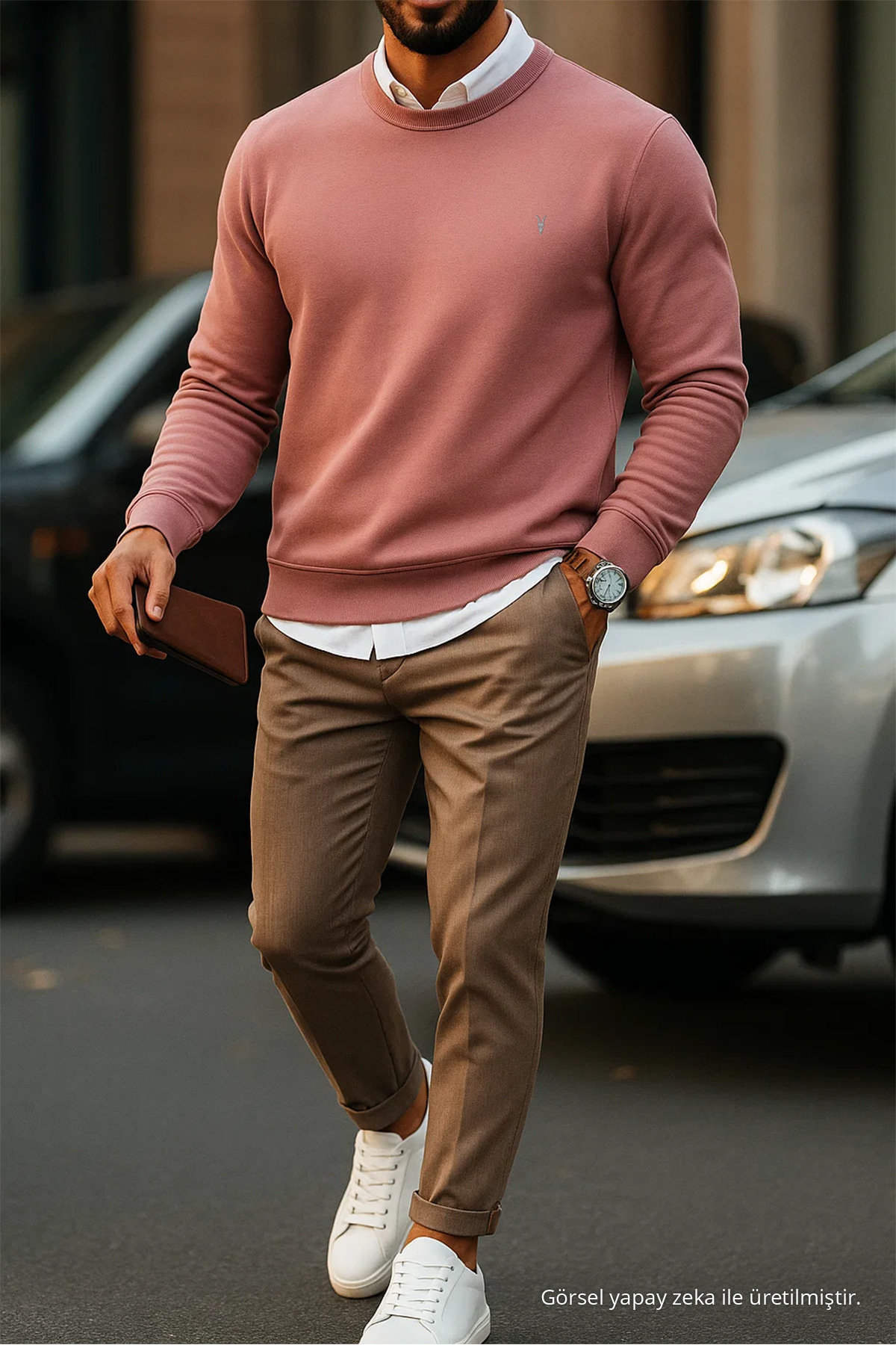 Erkek Basic Bisiklet Yaka Pudra Sweatshirt 3