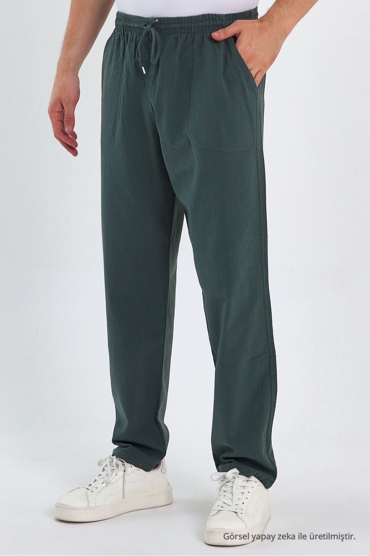Erkek Beli Lastik Salaş Haki Keten Pantolon 5