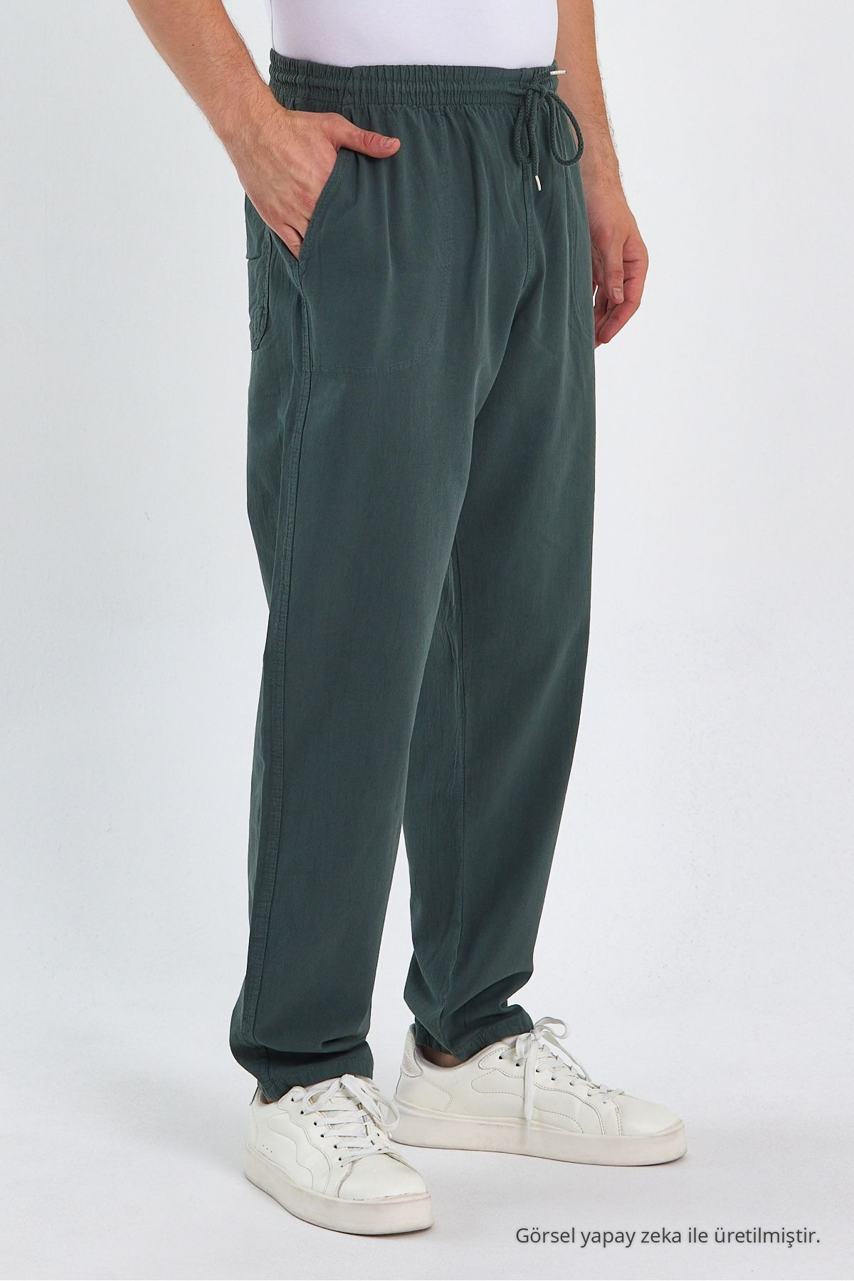 Erkek Beli Lastik Salaş Haki Keten Pantolon 6