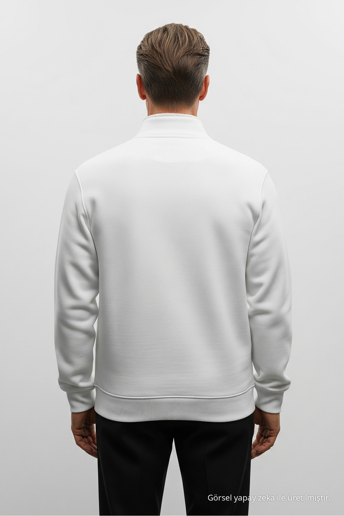 Erkek Basic Beyaz Yarım Fermuarlı Sweatshirt 6