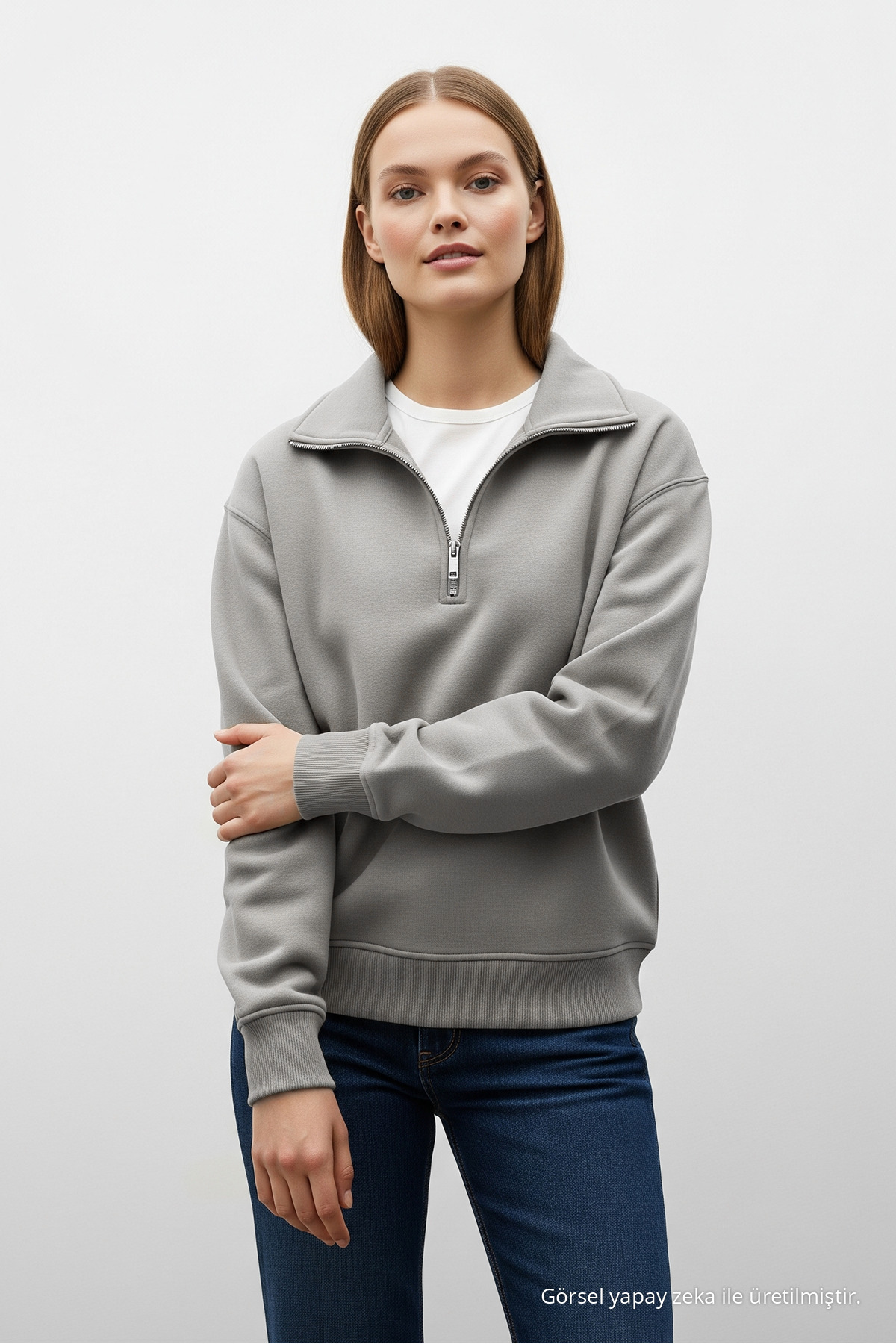 Erkek Basic GRİ Yarım Fermuarlı Sweatshirt 5