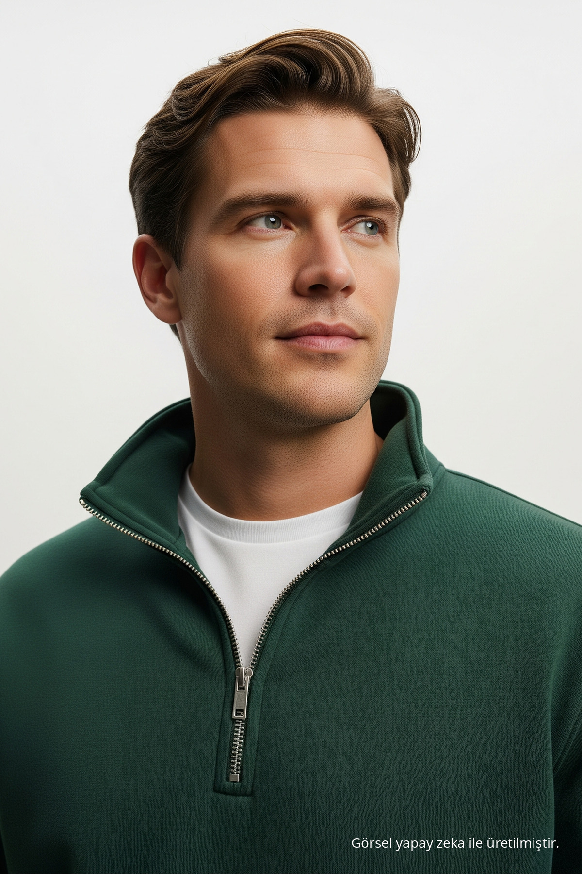 Erkek Basic HAKİ Yarım Fermuarlı Sweatshirt 6