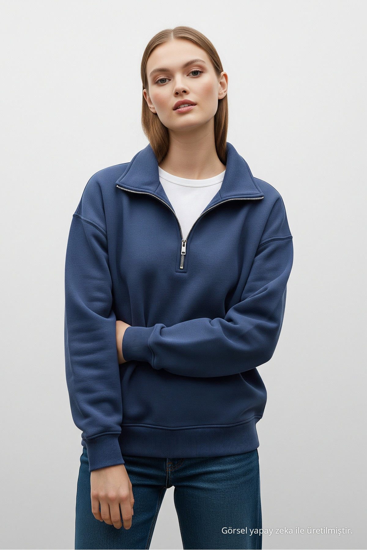 Erkek Basic MAVİ Yarım Fermuarlı Sweatshirt 5