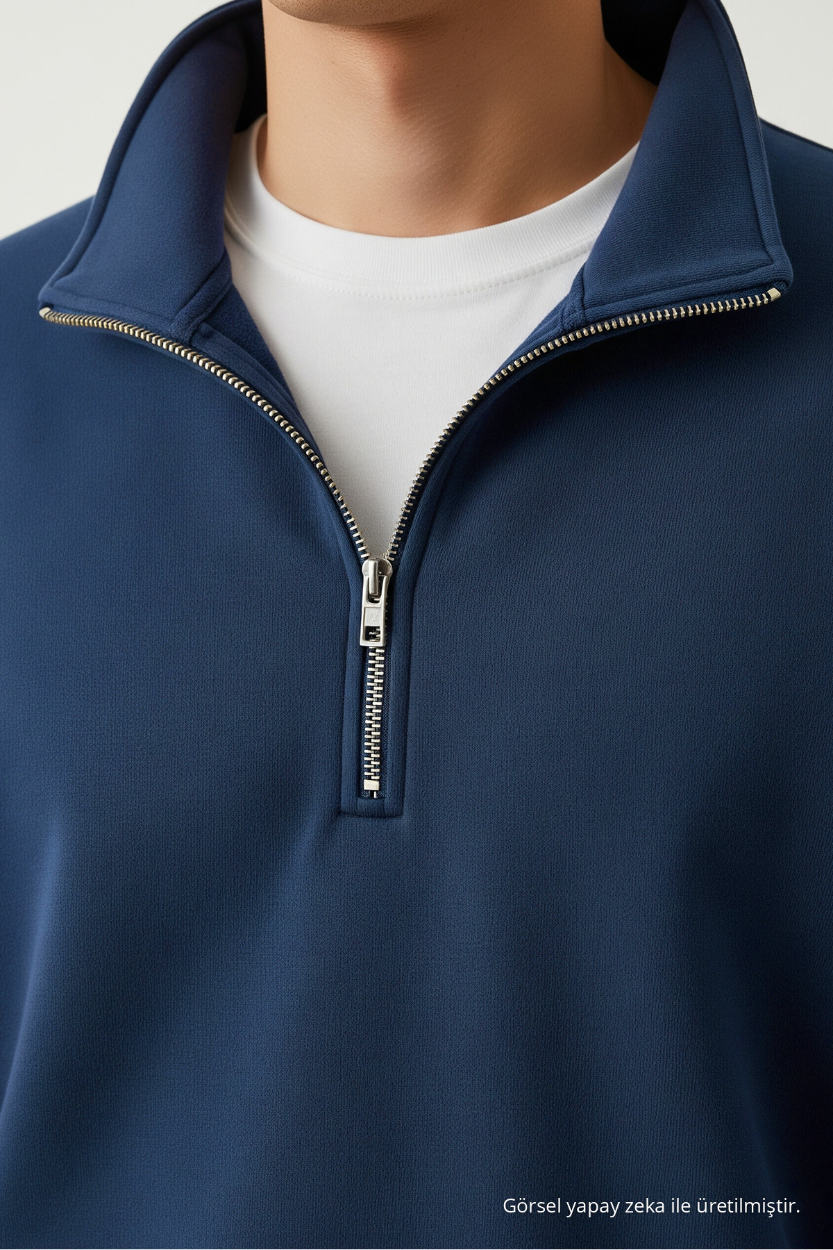 Erkek Basic MAVİ Yarım Fermuarlı Sweatshirt 3