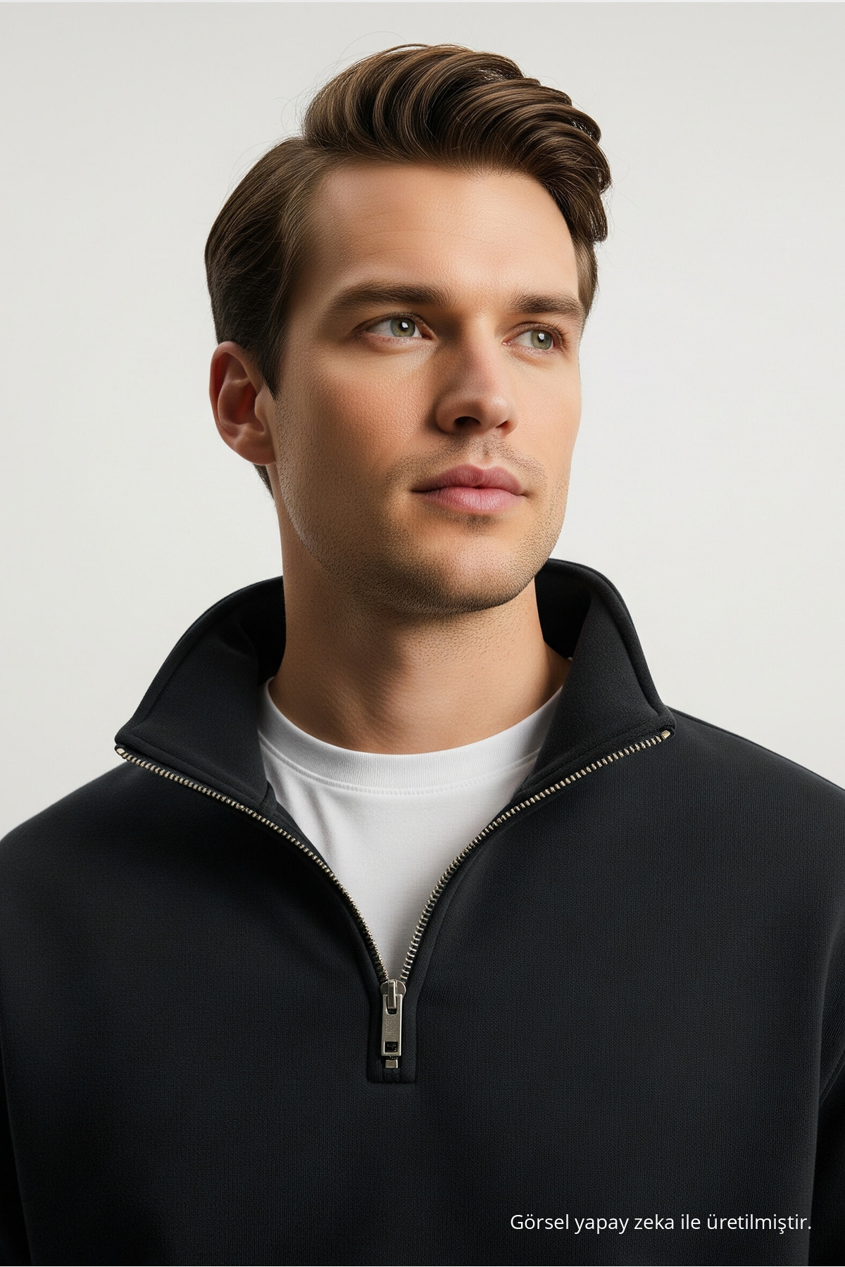 Erkek Basic Siyah Yarım Fermuarlı Sweatshirt 6