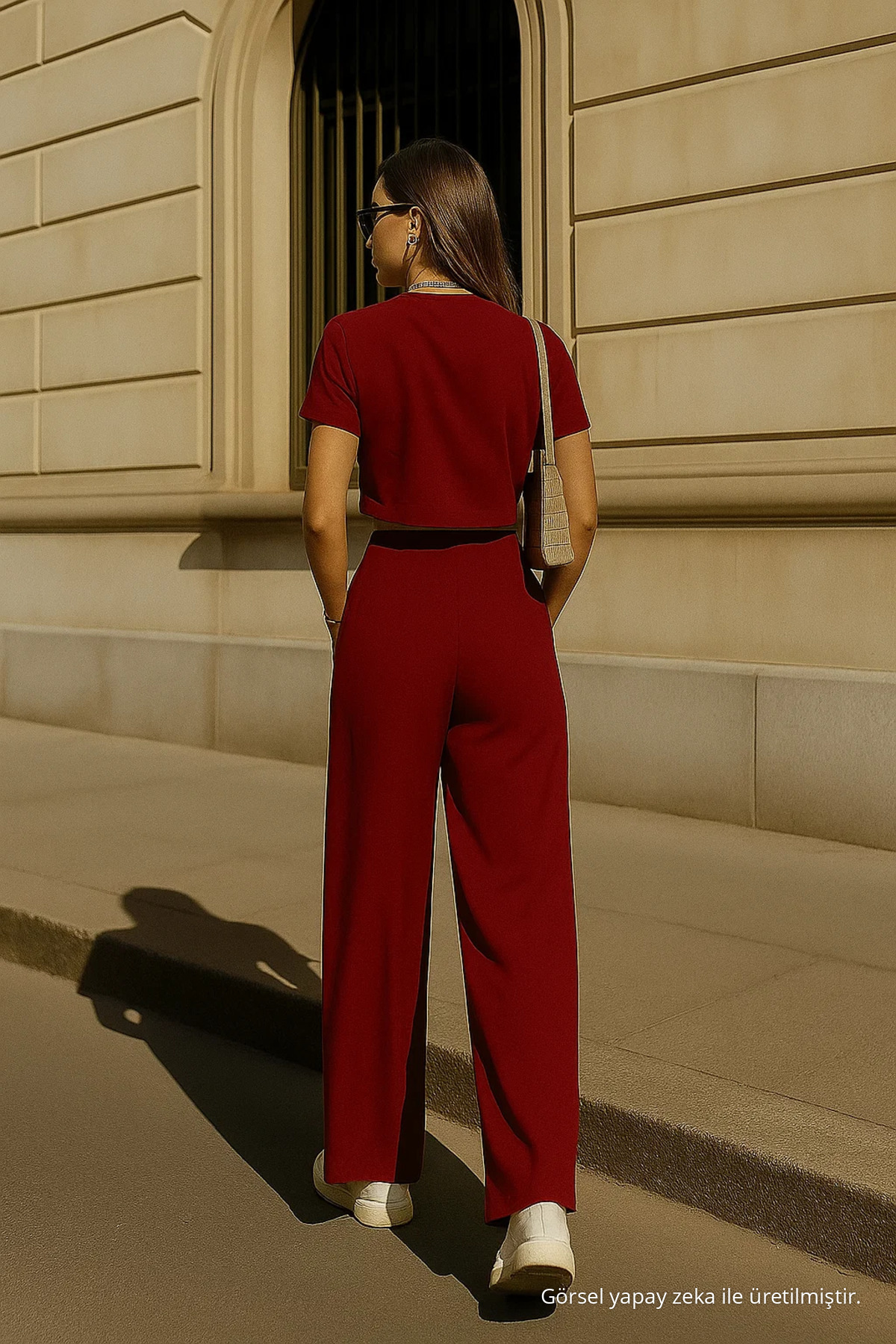 Kadın Cepli Basic Bordo Bol Paça Pantolon 4