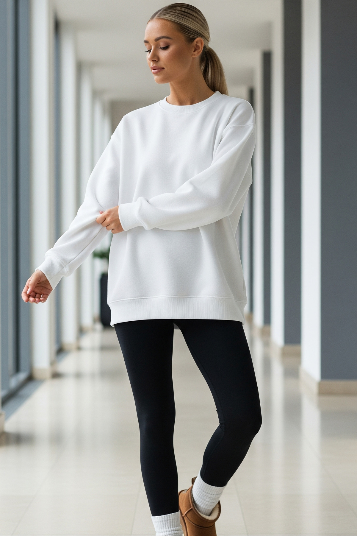 Kadın Oversize Kışlık Salaş Beyaz Sweatshirt 4