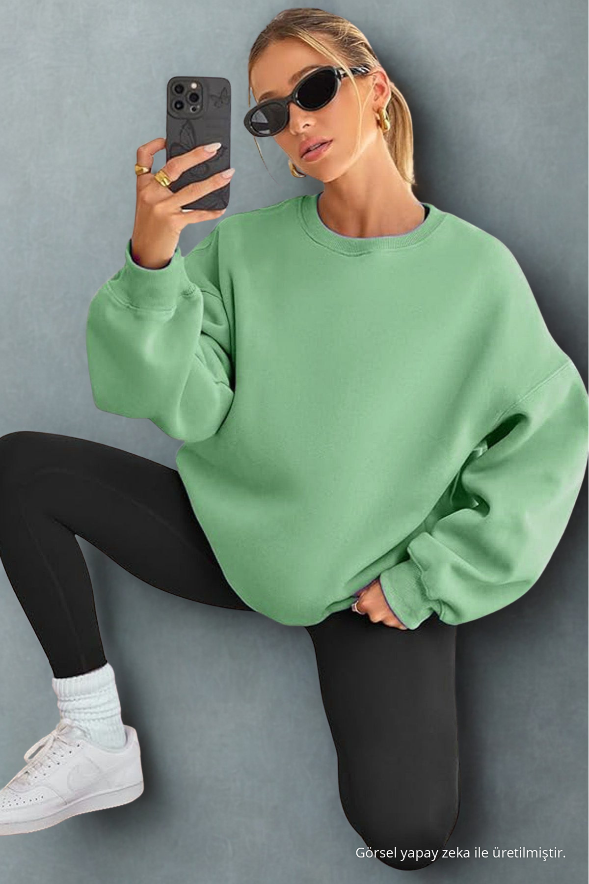 Kadın Bisiklet Yaka Oversize Çağla Sweat 5