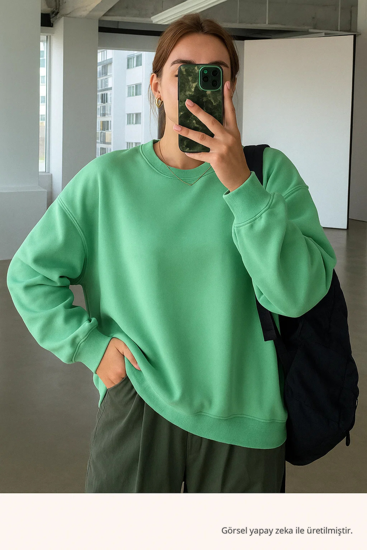 Kadın Bisiklet Yaka Oversize Çağla Sweat 4
