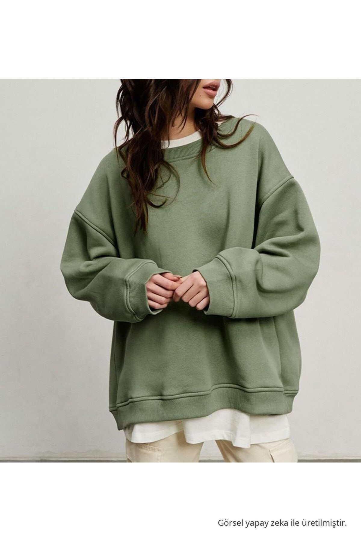 Kadın Bisiklet Yaka Oversize HAKİ Sweatshirt 3