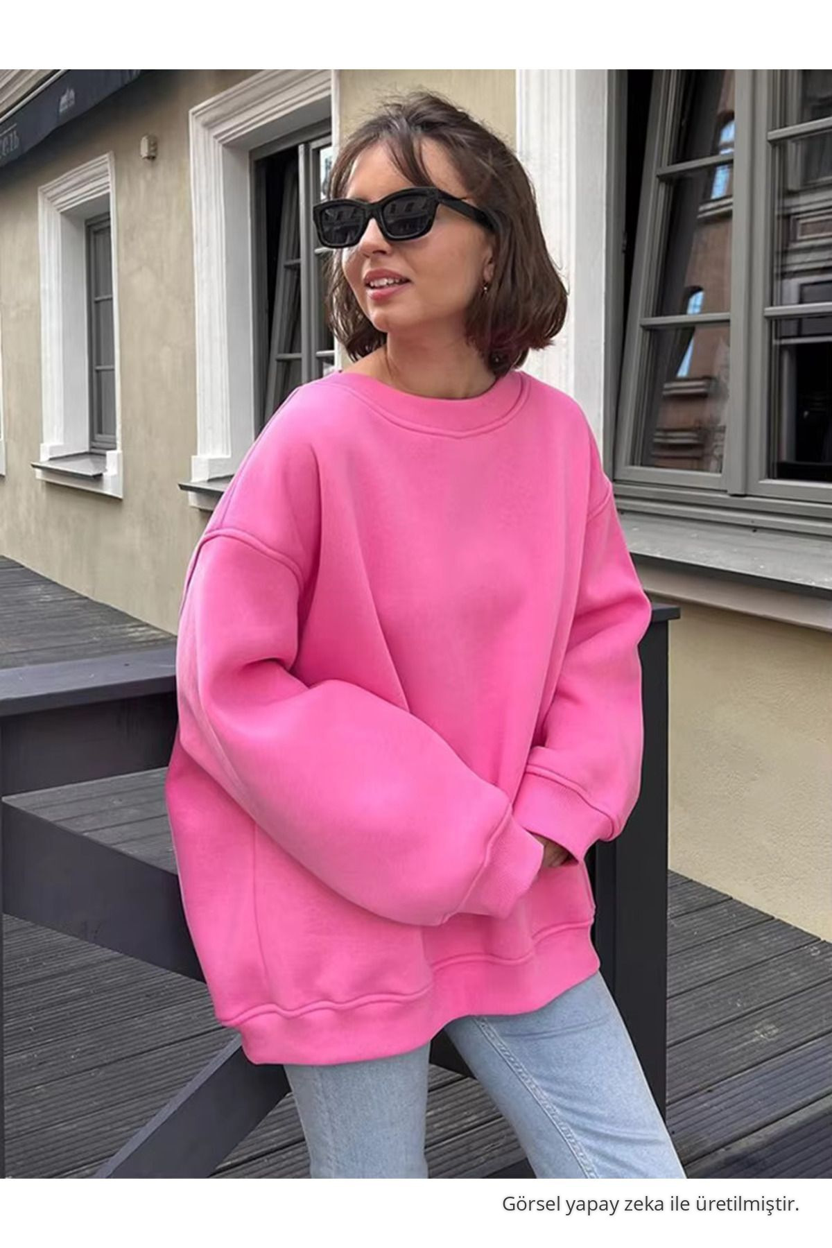 Kadın Bisiklet Yaka Oversize Pembe Sweat 5