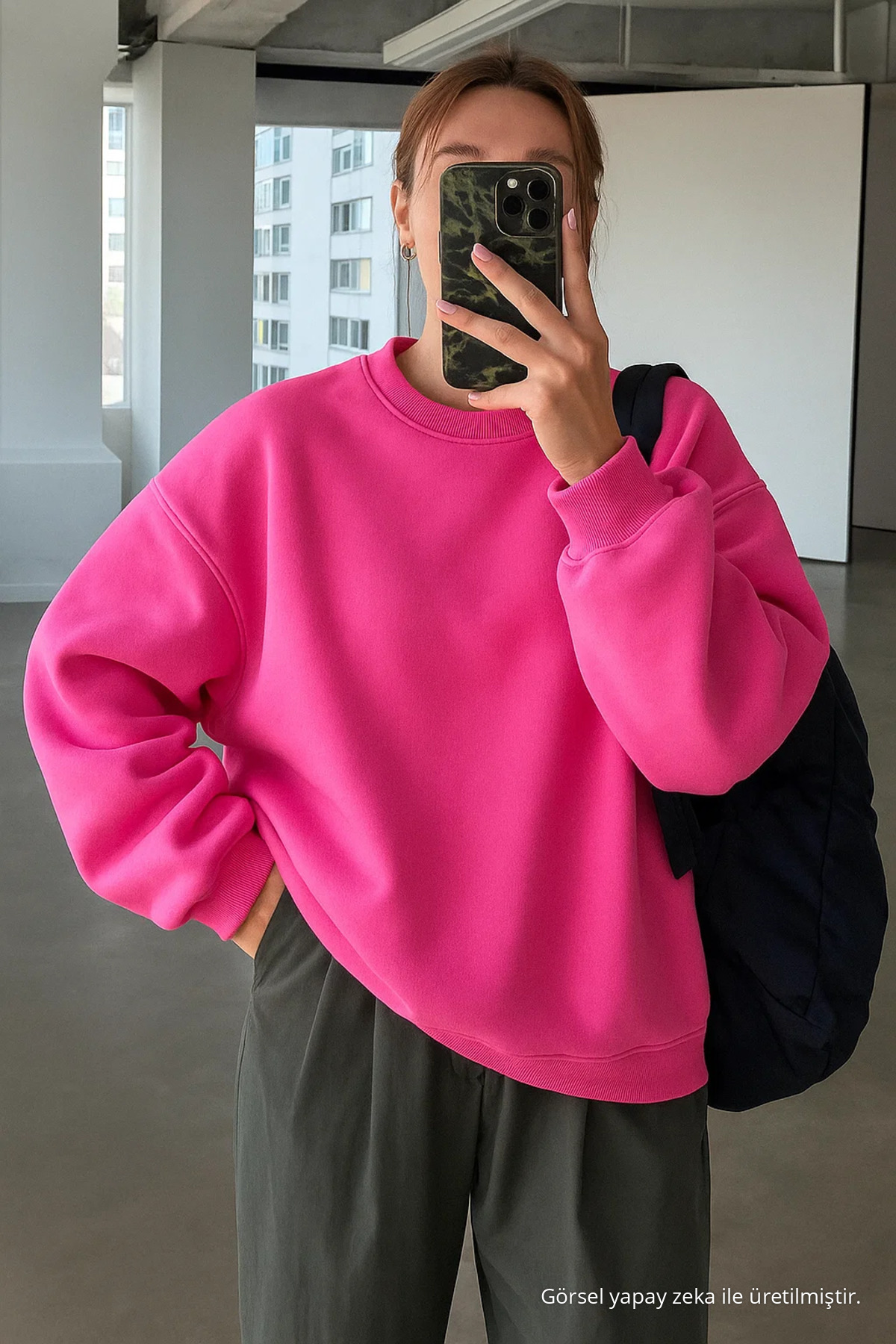 Kadın Bisiklet Yaka Oversize Pembe Sweat 4