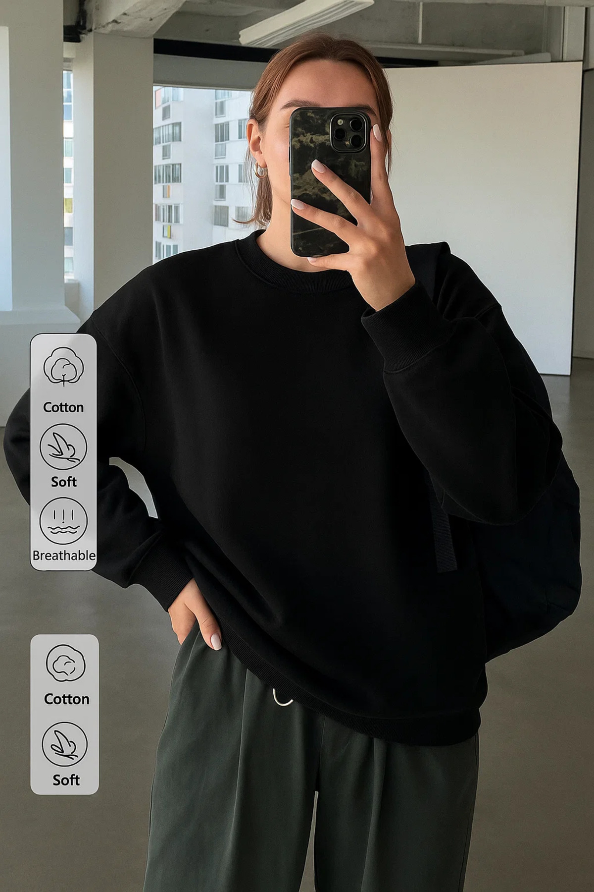 Kadın Bisiklet Yaka Oversize Siyah Sweat
