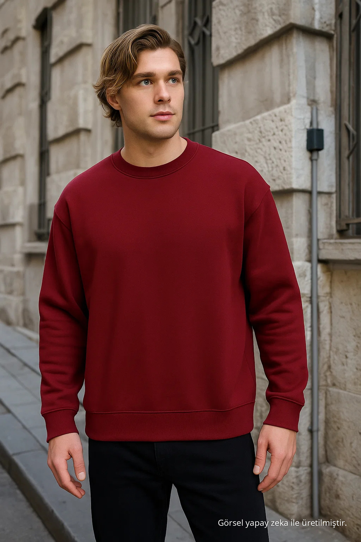 Erkek Bisiklet Yaka Salaş Bordo Sweatshirt 3