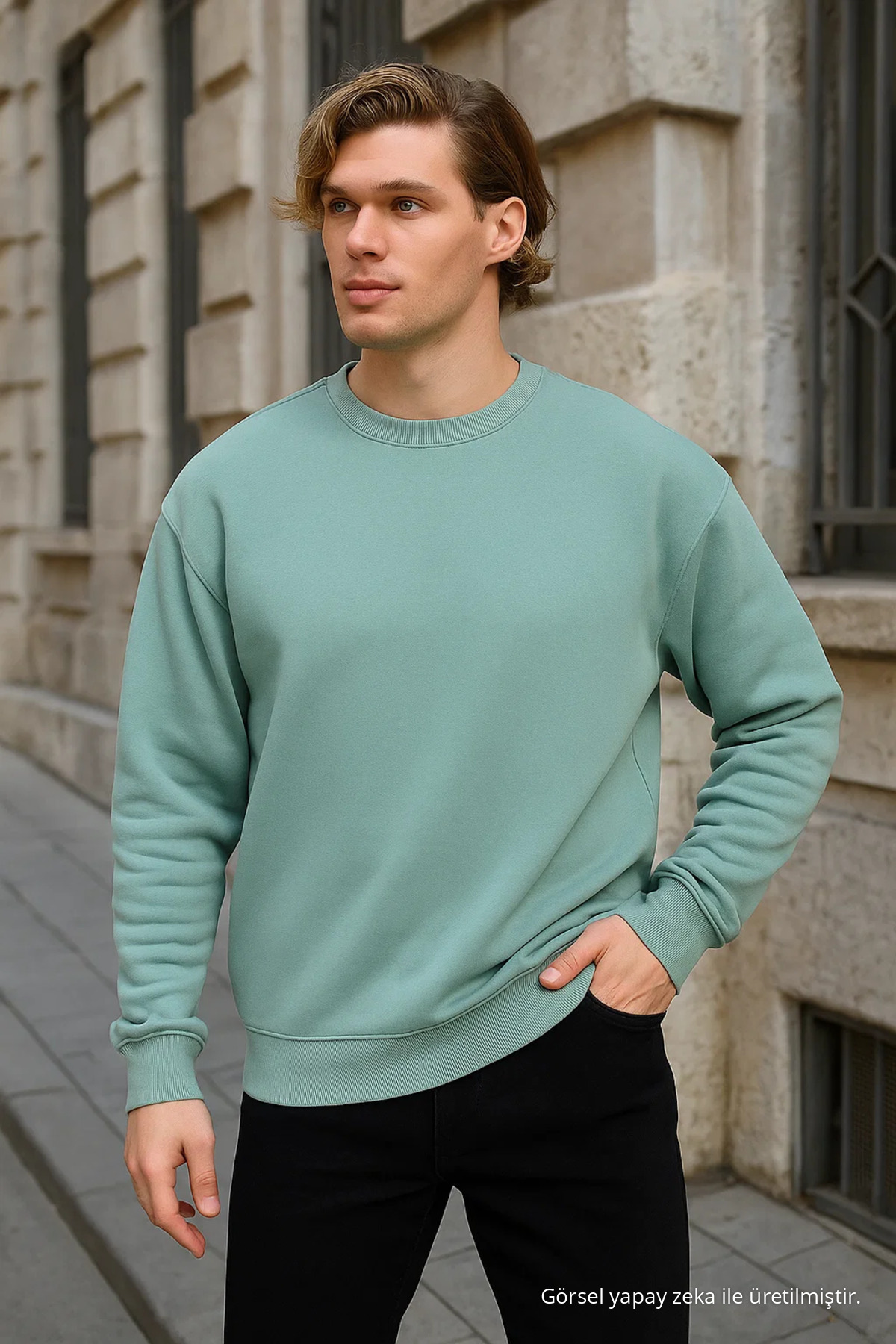 Erkek Bisiklet Yaka Salaş Çağla Sweatshirt 3