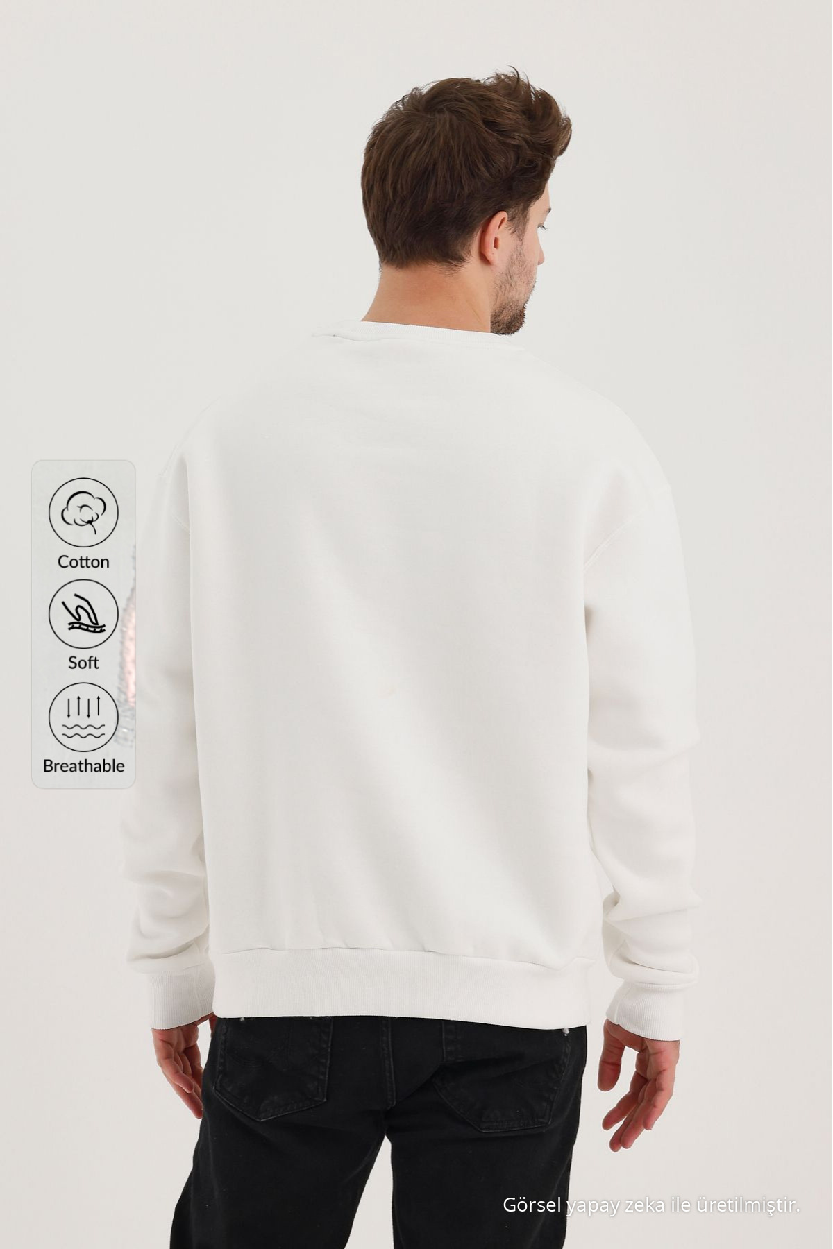 Erkek Bisiklet Yaka Salaş Ekru Sweatshirt 4