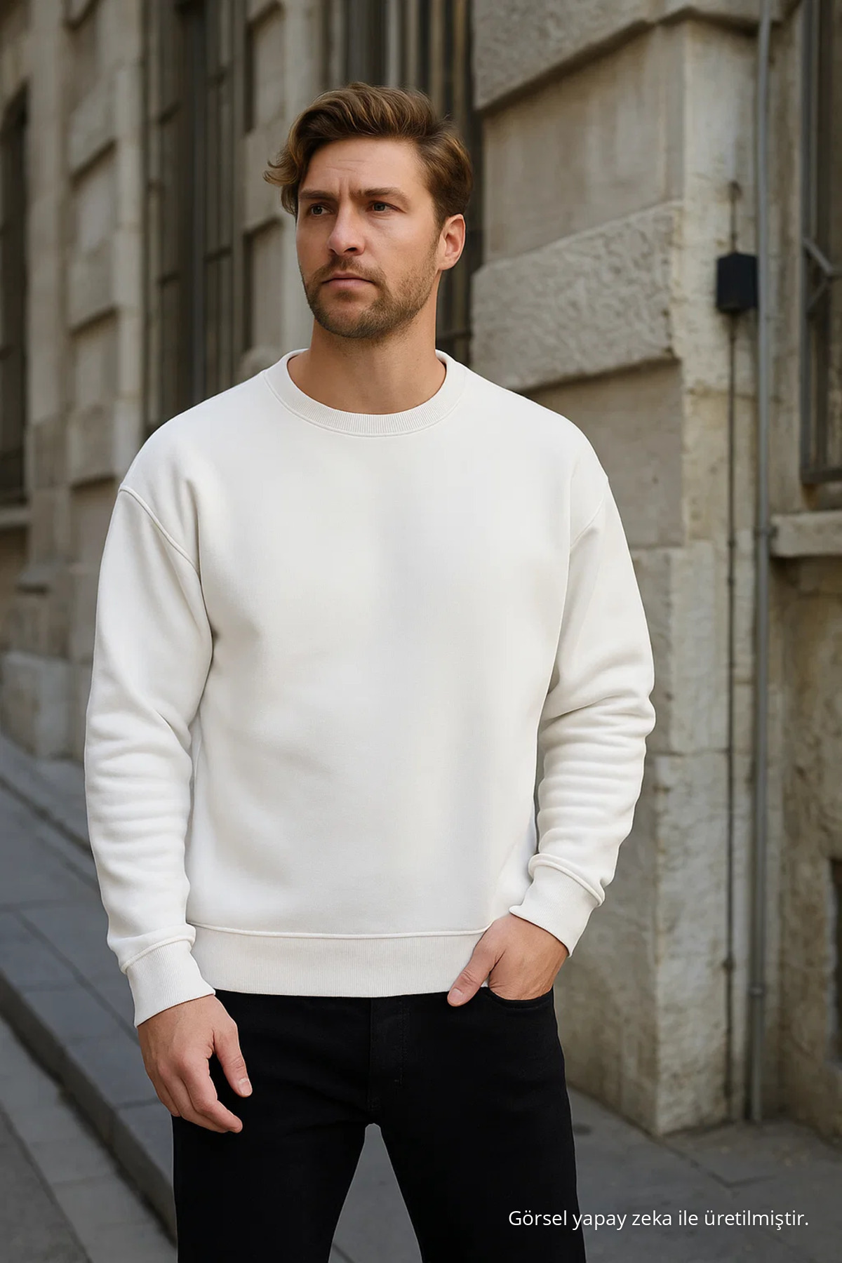 Erkek Bisiklet Yaka Salaş Ekru Sweatshirt 3