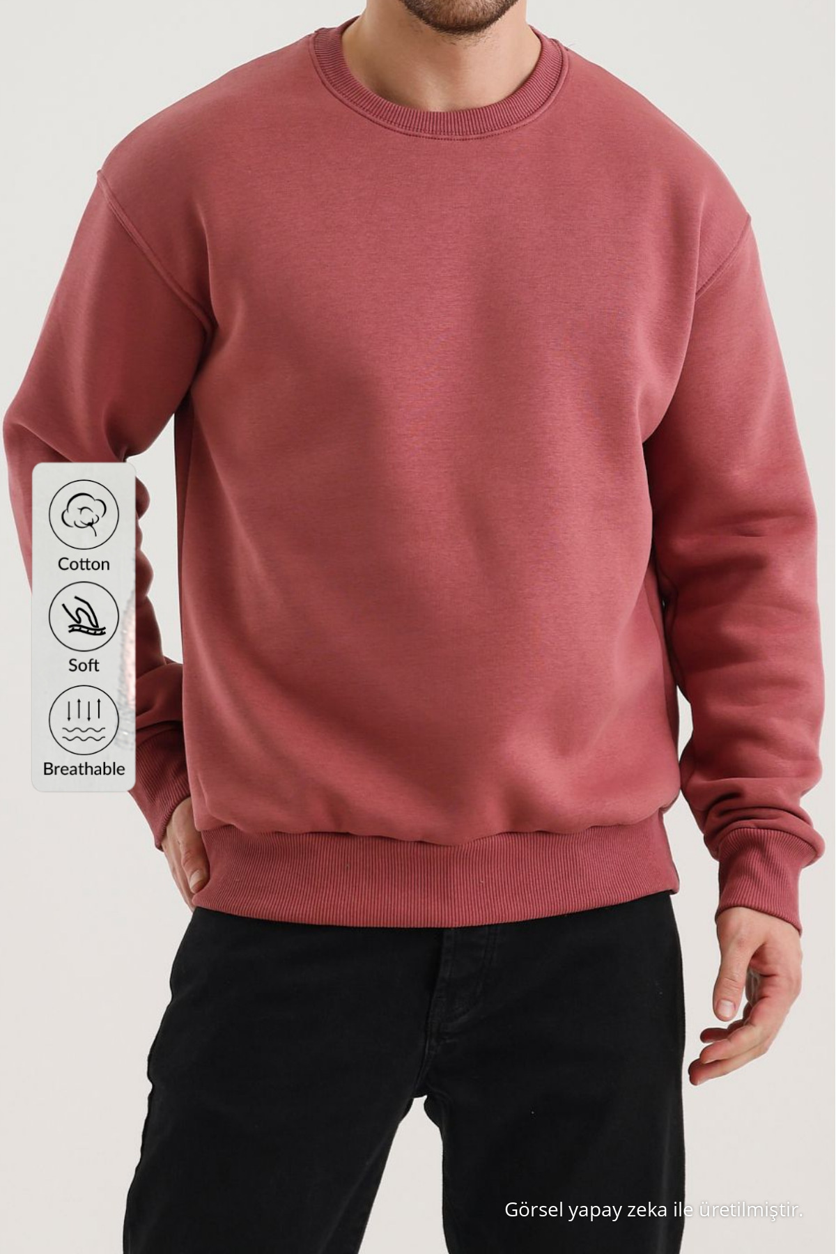 Erkek Bisiklet Yaka Salaş Basic Sweatshirt GÜL 4