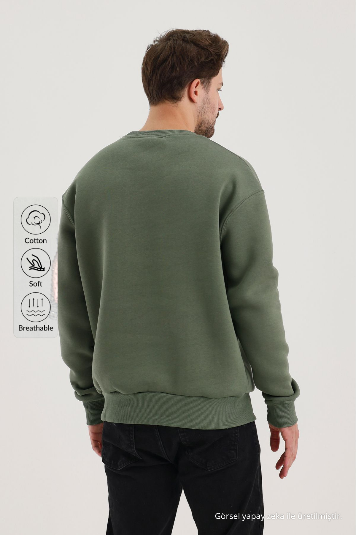 Erkek Bisiklet Yaka Salaş HAKİ Sweatshirt 4