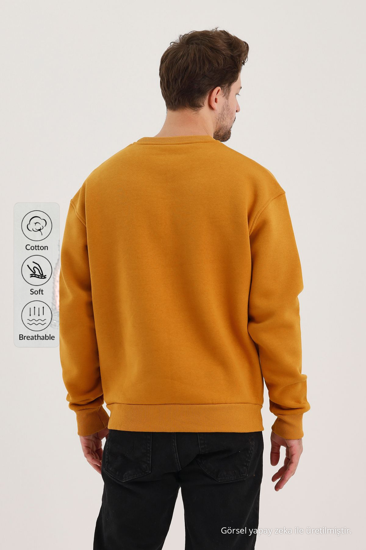 Erkek Bisiklet Yaka Salaş Hardal Sweatshirt 4